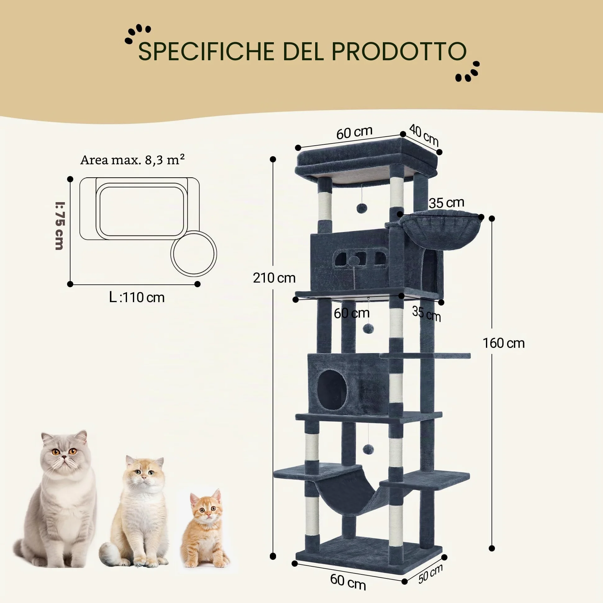 Hzuaneri Albero per Gatti, tiragraffi per gatti adulti 210 cm, xxl, giochi per gatti, Lavabile, trespolo per gattis con 2 Grotte, 8 Tiragraffi, Cestini, Amaca, Pompon, Grigio Scuro MS21018SG