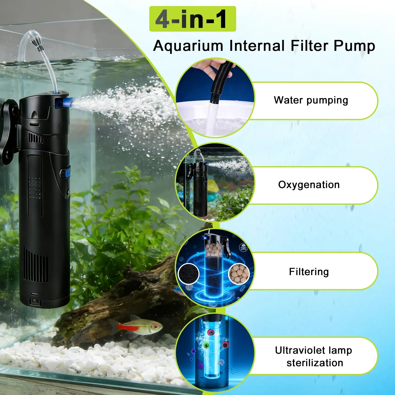 EXLECO Filtro Interno Acquario 4 in 1 con Lampada UVC da 7W, Aeratore 700 L/h 18W, Include Pompa Acqua, Skimmer e Materiale, Ossigenatore per Tartarughiera per Tartarughe d'Acqua 150-300 Litri