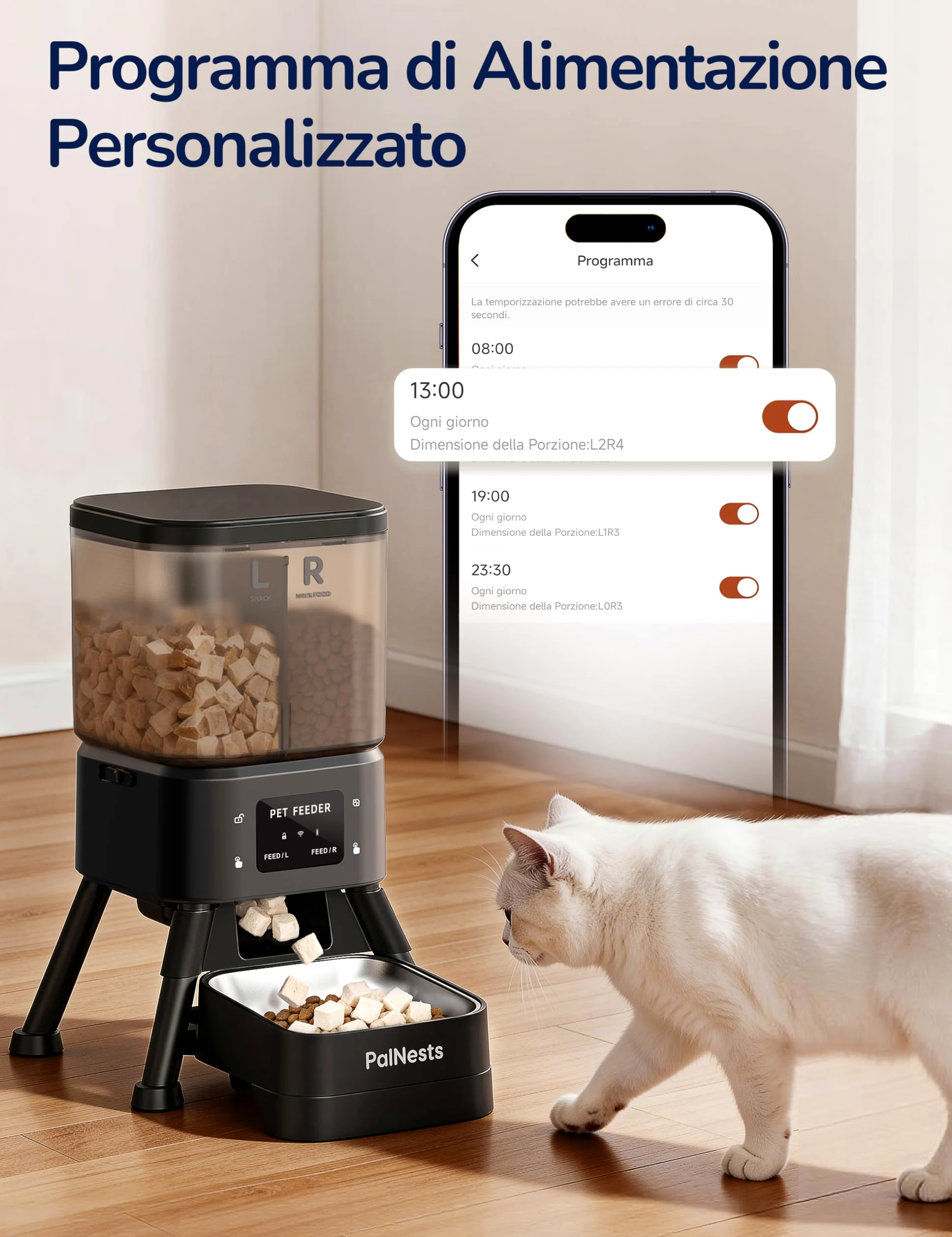 4L Distributore Automatico Cibo Gatti con Doppio Tramoggia, 5G/2.4G WiFi Intelligente Dispenser Crocchette Gatto, Controllo App, 2 Scomparto, Timer Programmabile, Ciotola in Acciaio Inox