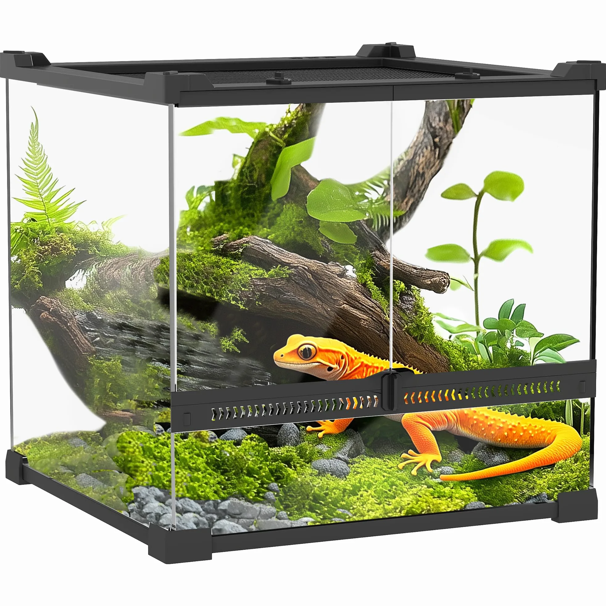 PawHut Terrario per rettili, terrario in vetro, 24 l, contenitore di alimentazione rettile, con ventilazione frontale, tappo a vite per anfibi ragno, nero, 30 x 30 x 30 x 30 cm