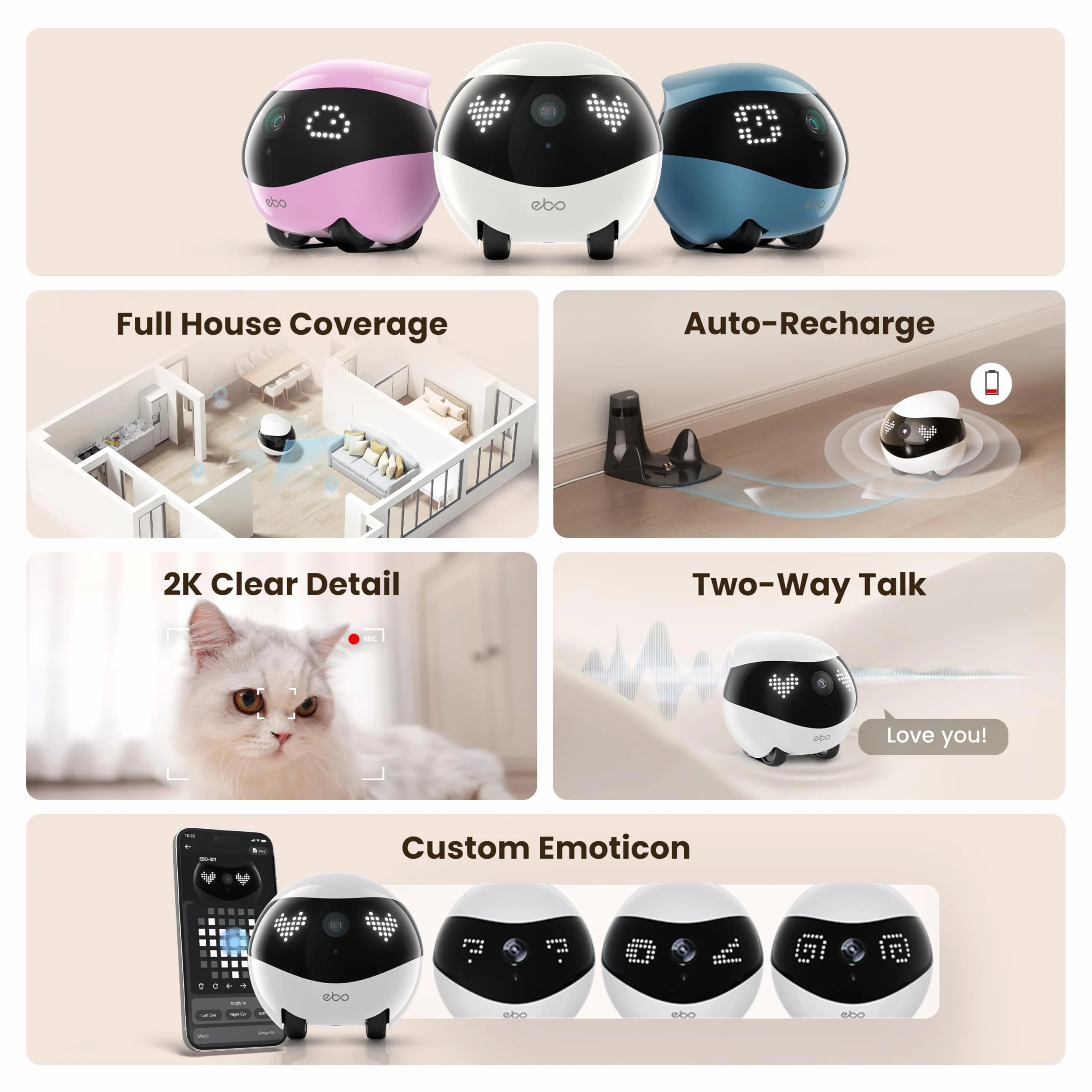 Enabot EBO Air 2 FamilyBot, telecamera per animali domestici con app, fotocamera mobile 2 K con espressioni facciali personalizzabili, telecamera per gatti senza fili con visione notturna, fotocamera