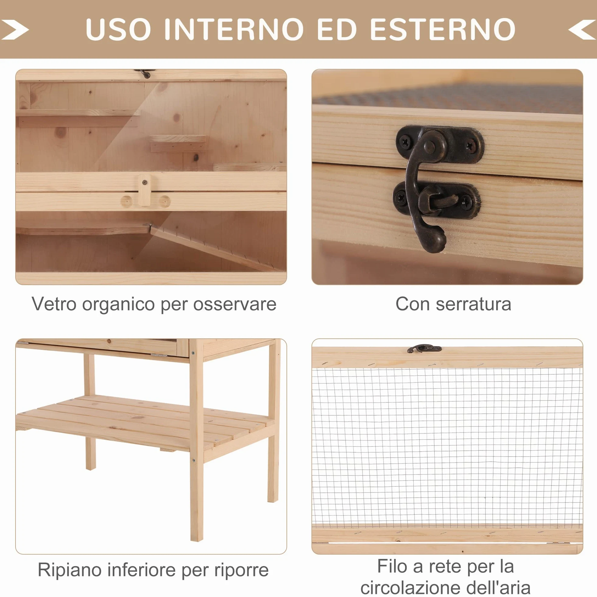PawHut Gabbia per Roditori e Criceti a 4 Ripiani con Tetto Apribile in Legno 60x40x120cm
