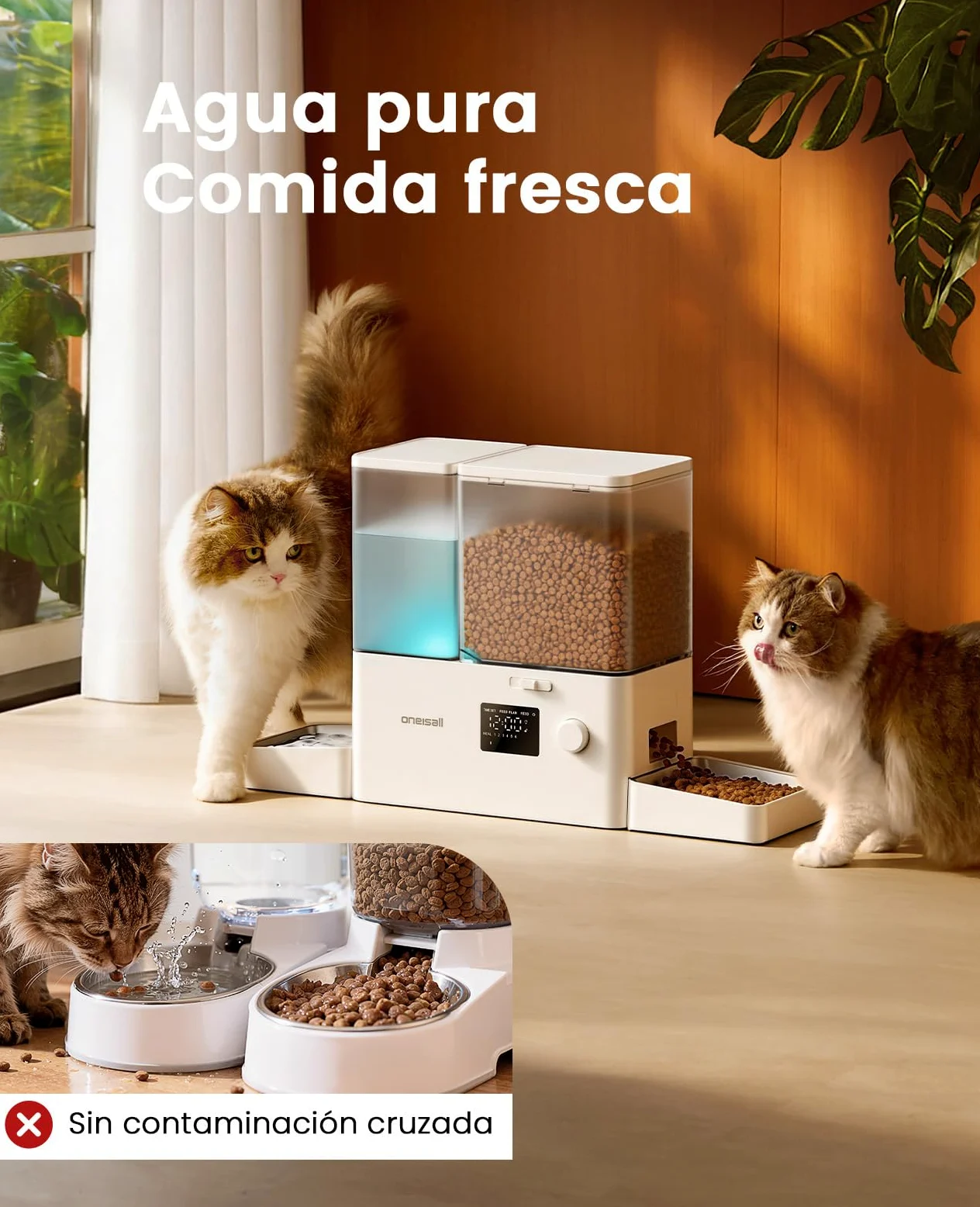 oneisall Distributore automatico per gatti e acqua, 36 tazze/8,5L, 2 in 1, per cibo pulito e acqua fresca, grande capacità, 5 l, dispenser di cibo per gatti e fontana a gravità da 3,5L per animali