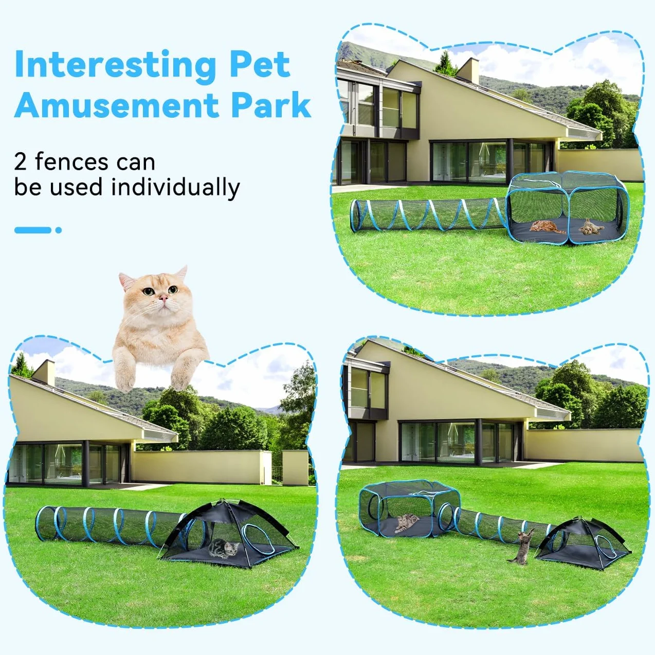 Pawaboo Tenda per Gatti con Tunnel, 3 in 1 Recinto per Gattis da Esterno con Tunnels, Recinzione per Animali Pieghevole e Portatile Box per Gatti, Include 1 Box+1 Tenda+1 Tunnel, Azzurro + Nero