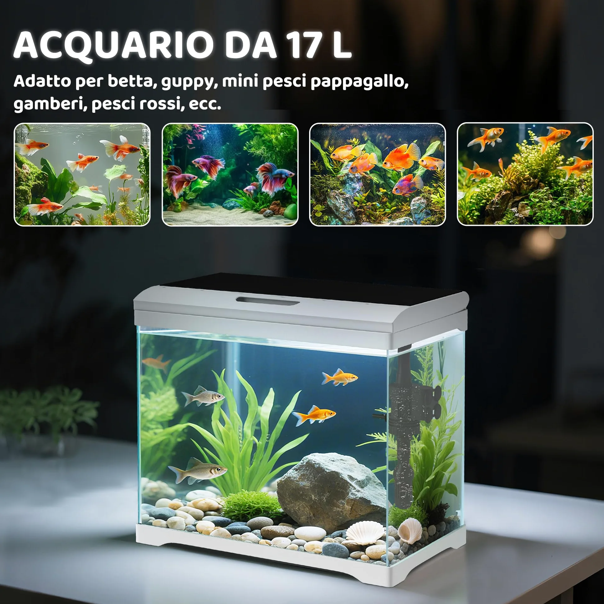 PawHut Acquario in Vetro 17L per Pesci Rossi con Illuminazione LED, Acquario Completo con Pompa d'Acqua e Sistema di Filtraggio, Vaschetta per Pesci Acqua Tropicali 35x21x31 cm Bianco