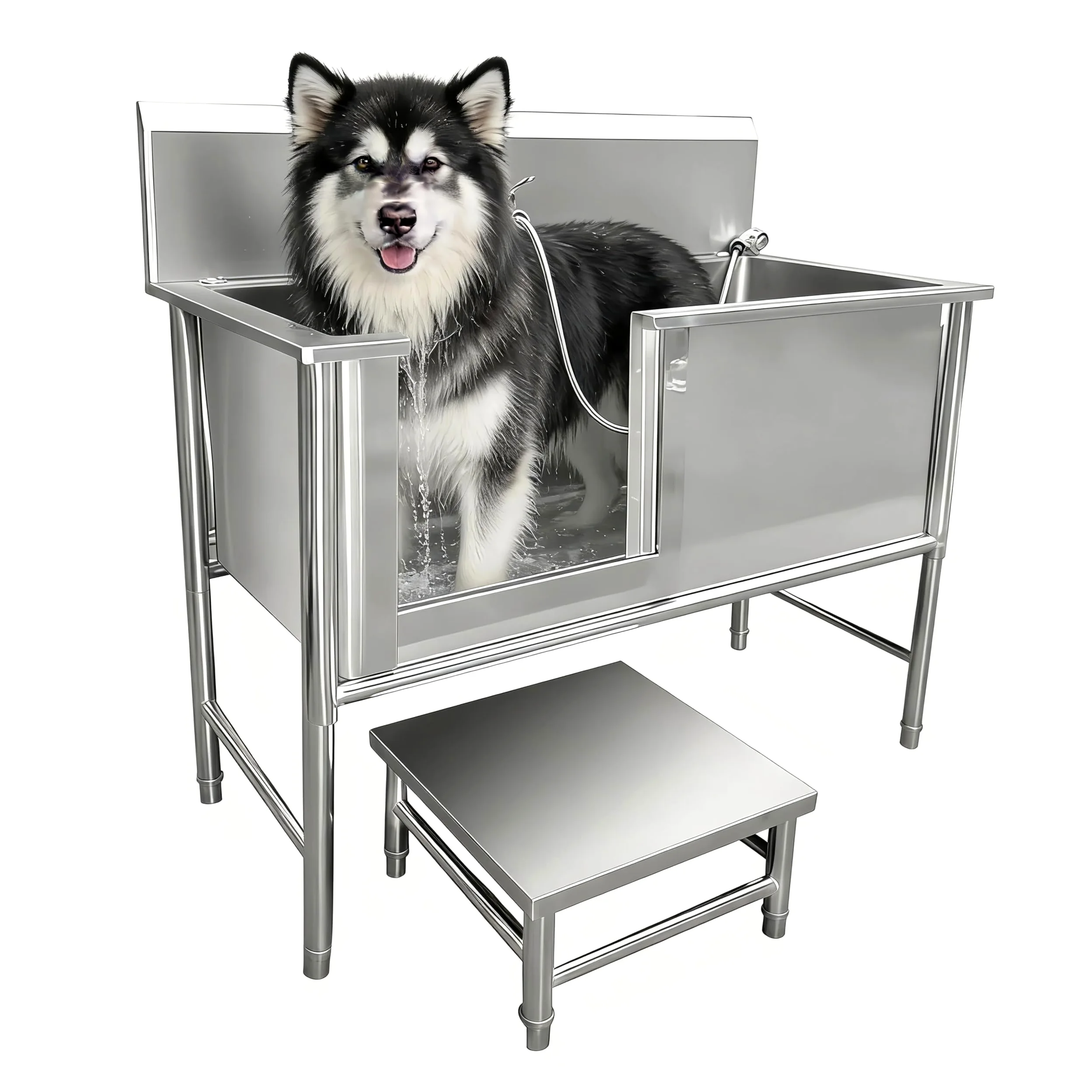 Vasca da Bagno per Cani in Acciaio Inox 304, Vasca Toelettatura Professionale con Pedana di accesso e Porta Scorrevole, Stazione Lavaggio Cani Antiscivolo con Miscelatore fino a 100 kg (47.24in)
