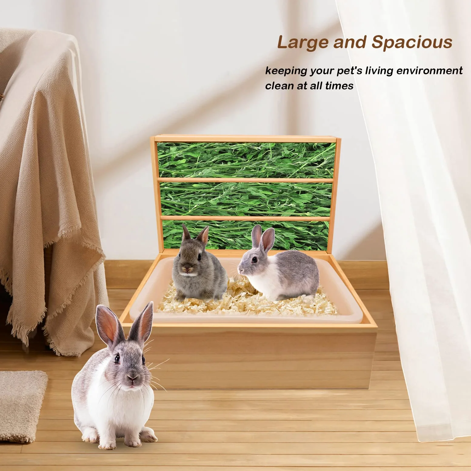 JoliJour Mangiatoia Fieno 2 in 1 per Conigli e Porcellini d'India, Alimentatore per Fieno e Lettiera in Legno e Plastica, 43 x 13.5 x 31.5 cm