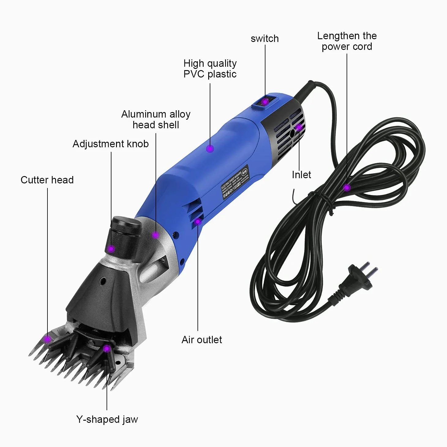 Vinteky Forbici elettriche per pecore, 780W Tosatrici professionali per la toelettatura degli animali Cesoie per capre regolabili Cesoie per lana per Sheep Horse Alpaca (Blu)