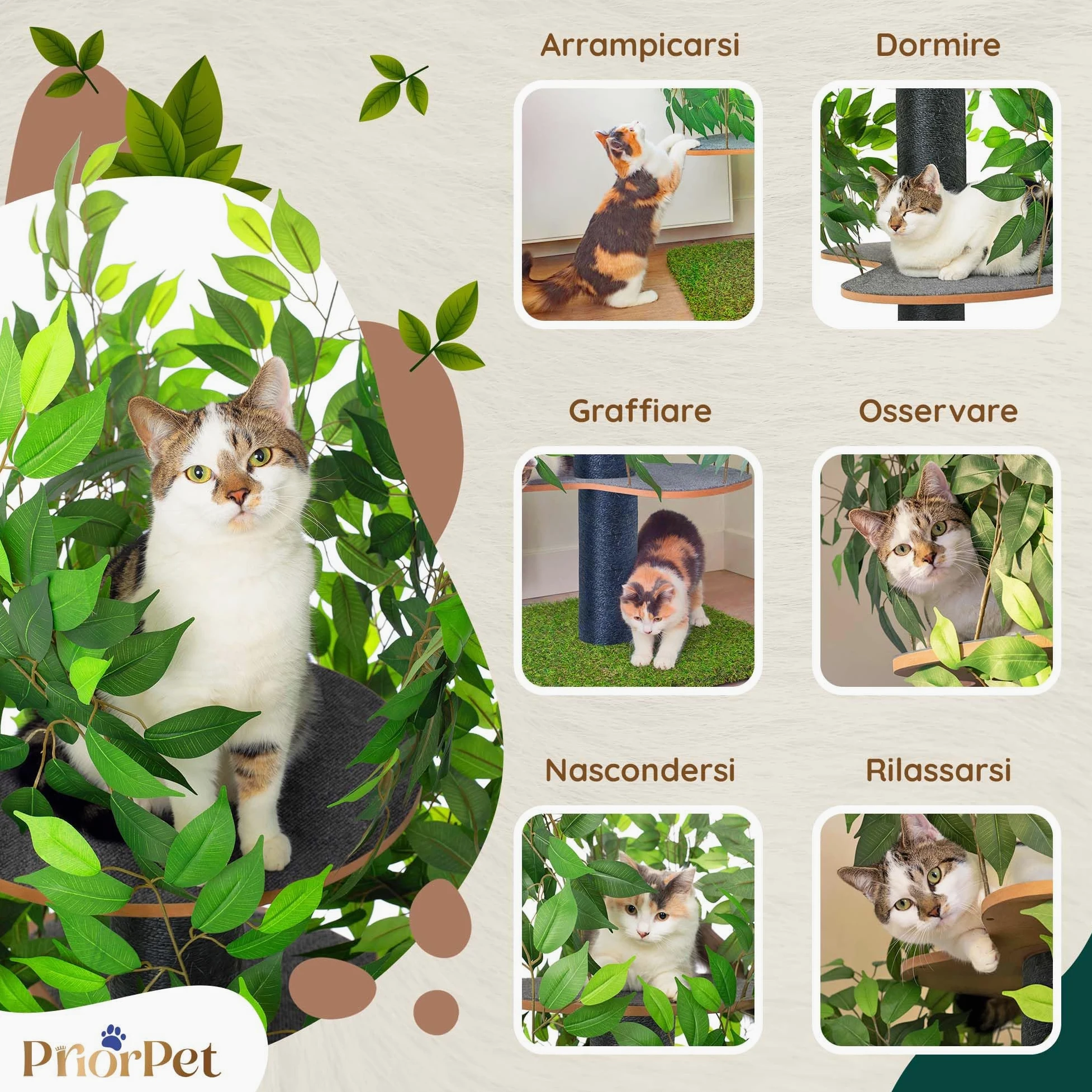 Albero per gatti con Foglie Intercambiabili - Brevettato Tiragraffi per Gatti Adulti, per Arrampicarsi Nascondersi e Dormire - Più Livelli, Facile da Montare - Tiragraffi Gatto Costruzione Robusta