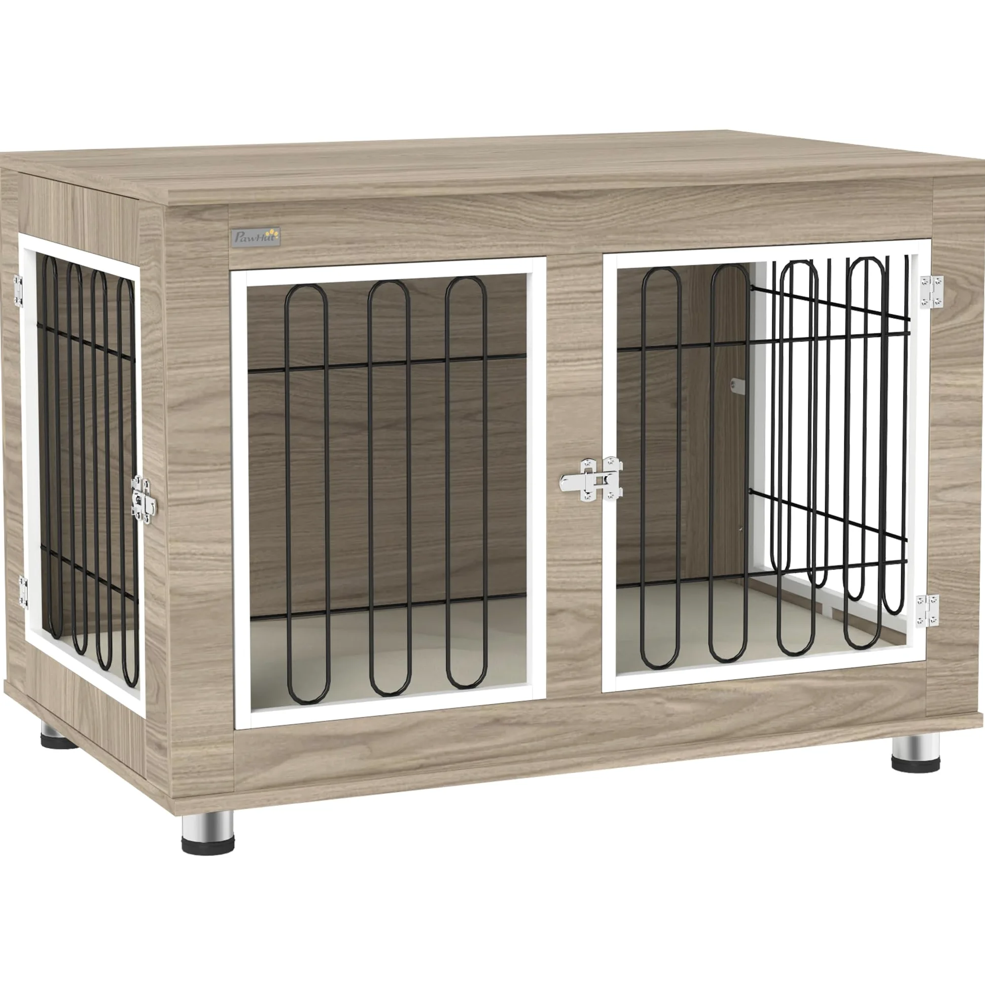 PawHut Cage pour chien meuble cage chien intérieur table d'appoint multi-usages avec double porte et coussin - casa per cani di taglia media e grande - 90 x 58 x 65 cm, look noce