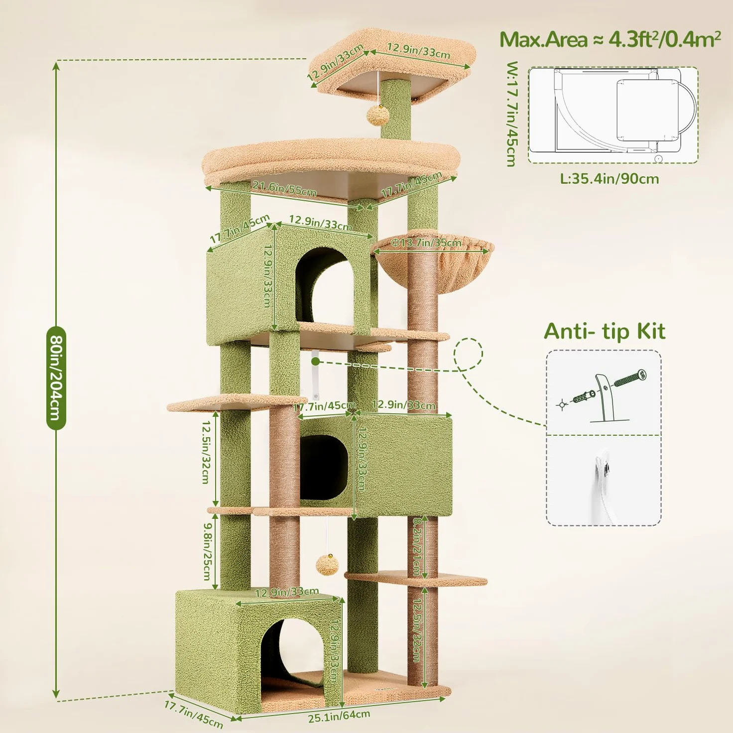 Globlazer Tiragraffi per Gatti Cactus Verde XXL Alto 203 cm con 3 Grandi Grotte 45*30*30CM, ExtraLarge Piattaforma, Cesto, Trespoli, Giocattoli, Albero Stabile per 4-6 Grandi Gatti Adulti (S80, Verde)