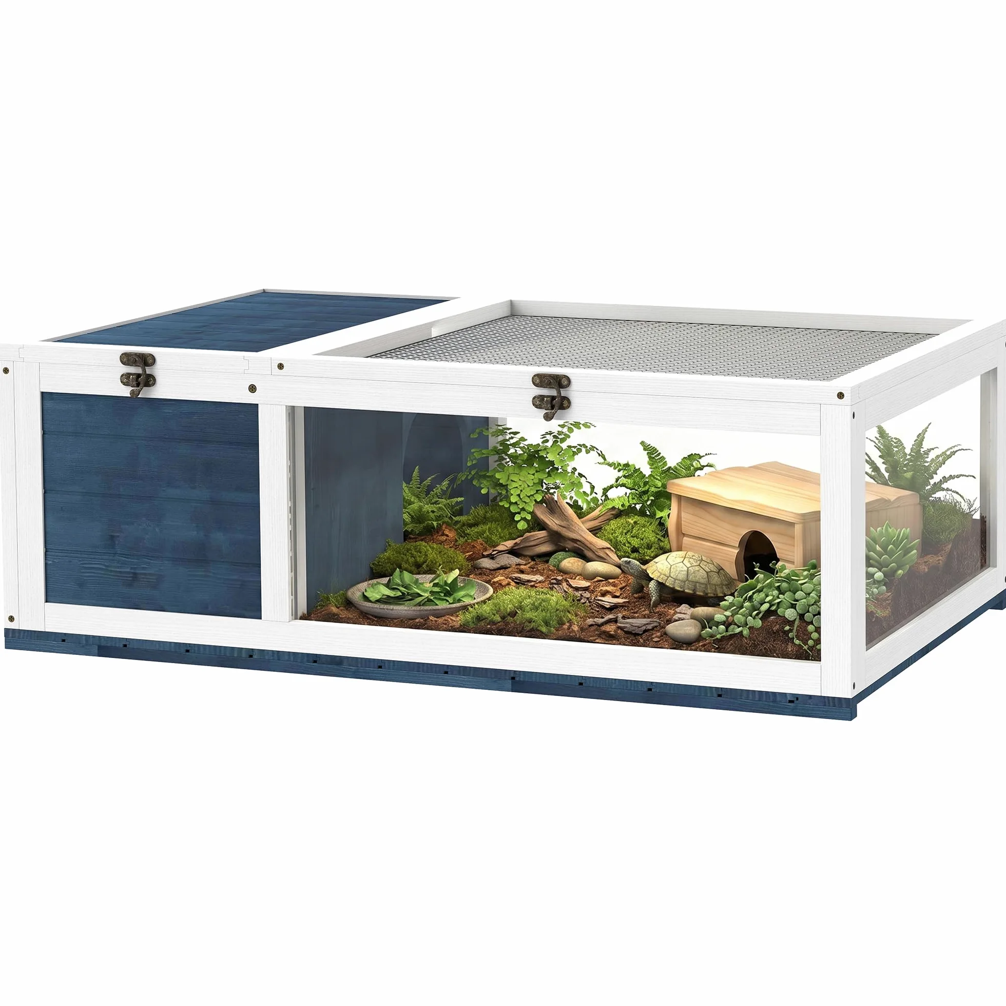PawHut casa in legno per tartarughe, recinto per tartarughe con case principali, piano incernierato, gabbia per rettili da esterno, terrario per tartarughe, rettili, lucertole, serpenti, blu