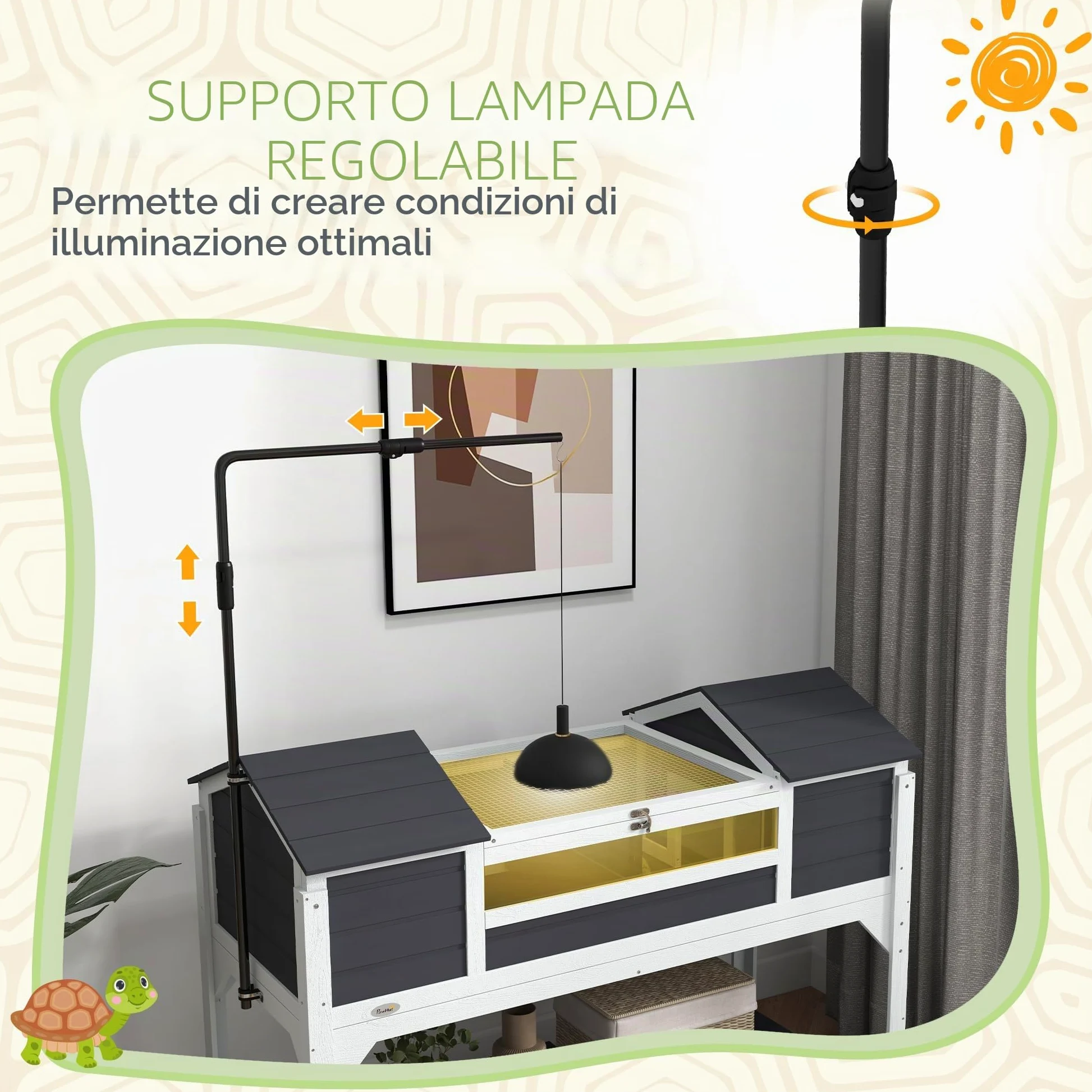 PawHut Casetta per tartarughe di terra da esterno, recinto in legno per tartarughe, 2 nicchie, portalampada regolabile, tetto apribile, gabbia per tartarughe di terra, finestra in acrilico