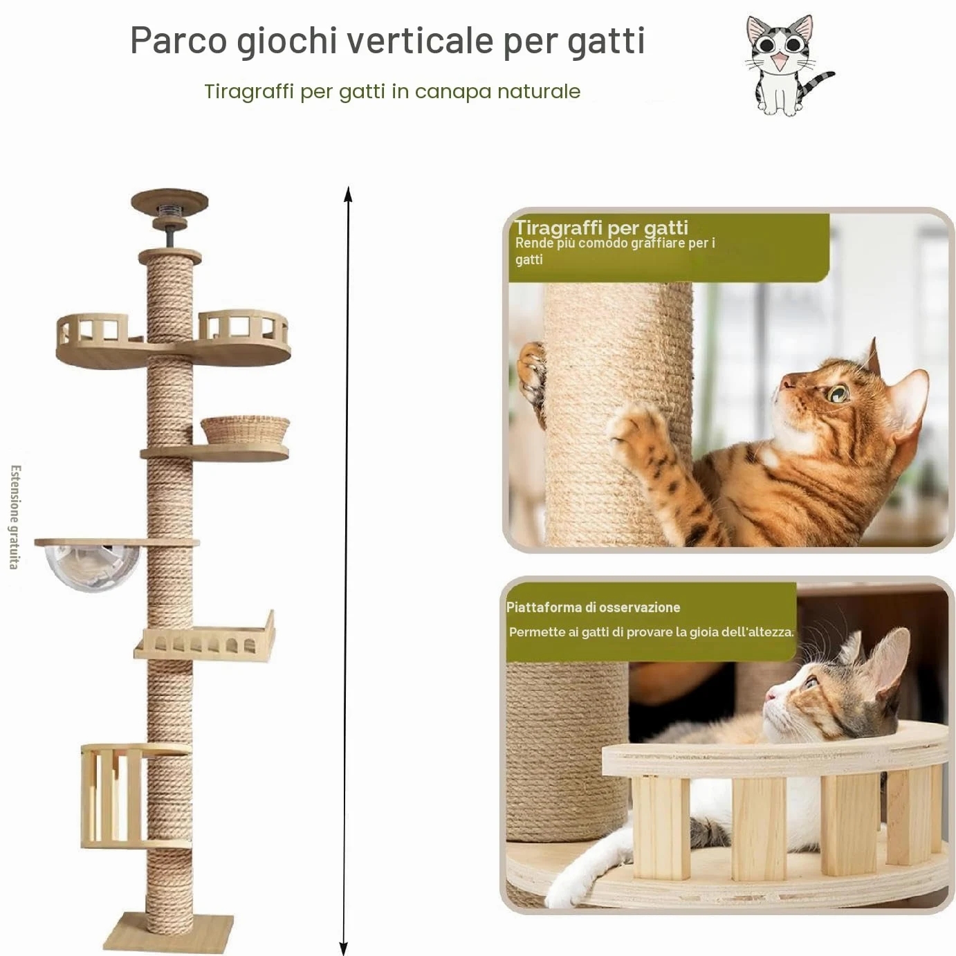 Tiragraffi a soffitto, tiragraffi alto, capsula stanza, amaca per gatti, completamente avvolta in corda di sisal, capsula per stanza, gabbia per gatti (240~280 cm T03), altezza del soffitto