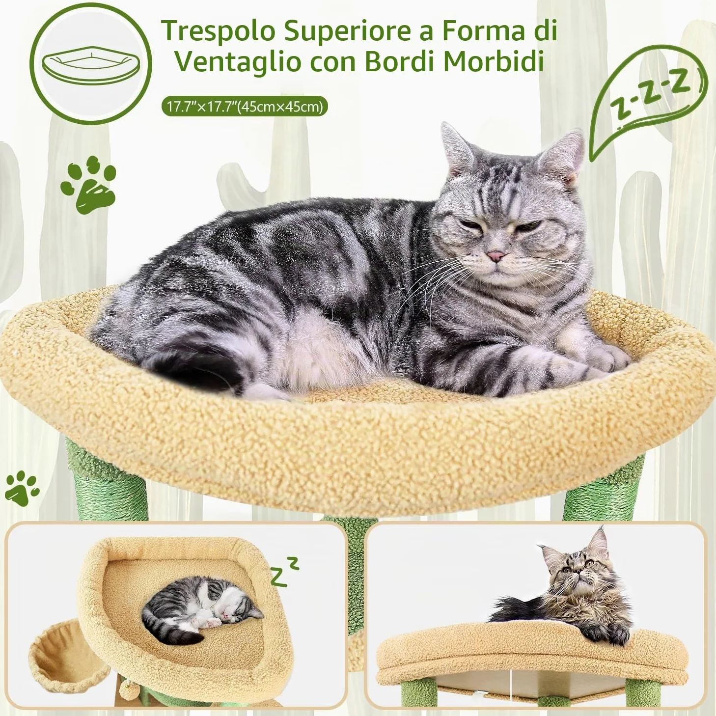 Globlazer Albero Tiragraffi ad Angolo Cactus Verde, Tiragraffi per Gatti Spigolo Alto 130 cm con Grandi Piattaforma, Curva Grotte, Amaca, Cesto, Torre per Gatto per 2-4 Gatti Adulti (C51, Verde)