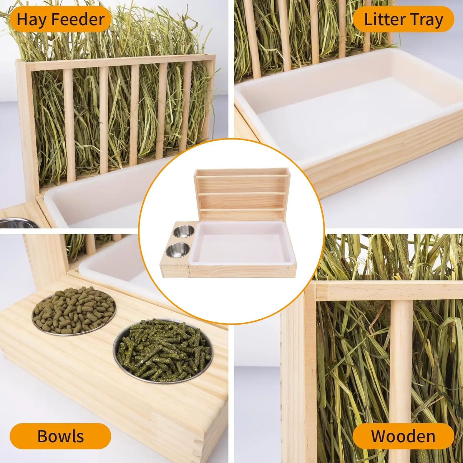 Luqeeg Mangiatoia per Fieno in Legno per Conigli, 3 in 1 Mangiatoia per Fieno per Animali Porta Cibo per Erba con Lettiera e 2 Ciotole per Porcellini D'india, Cincillà