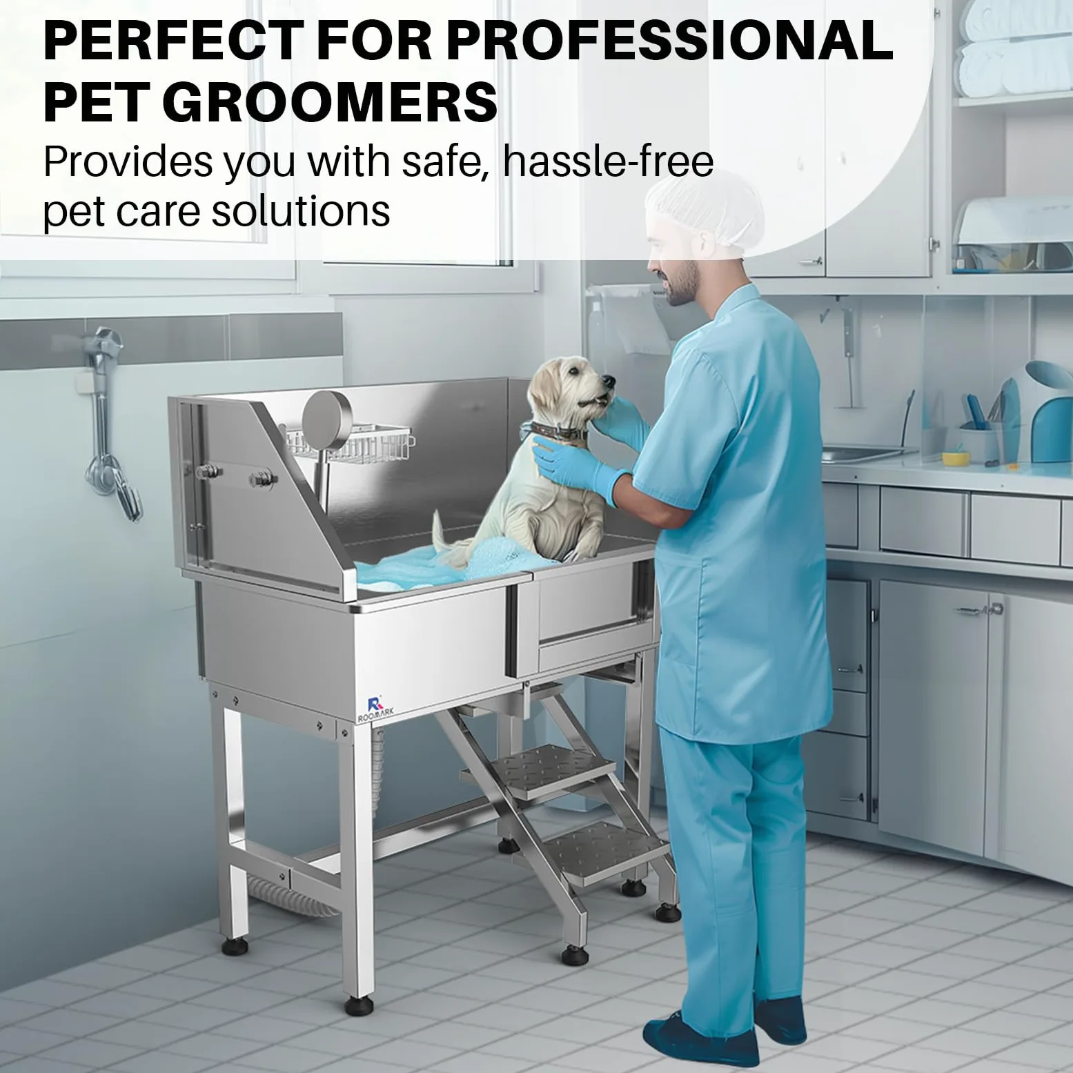 Vasca Lavaggio Cani Professionale, Bacinella Grande per Cani con Scale, Soffione, Porta Scorrevole, Capacità di Carico 50KG, Vasca da Bagno per Animali Medi & Piccoli (Porta Sinistra)