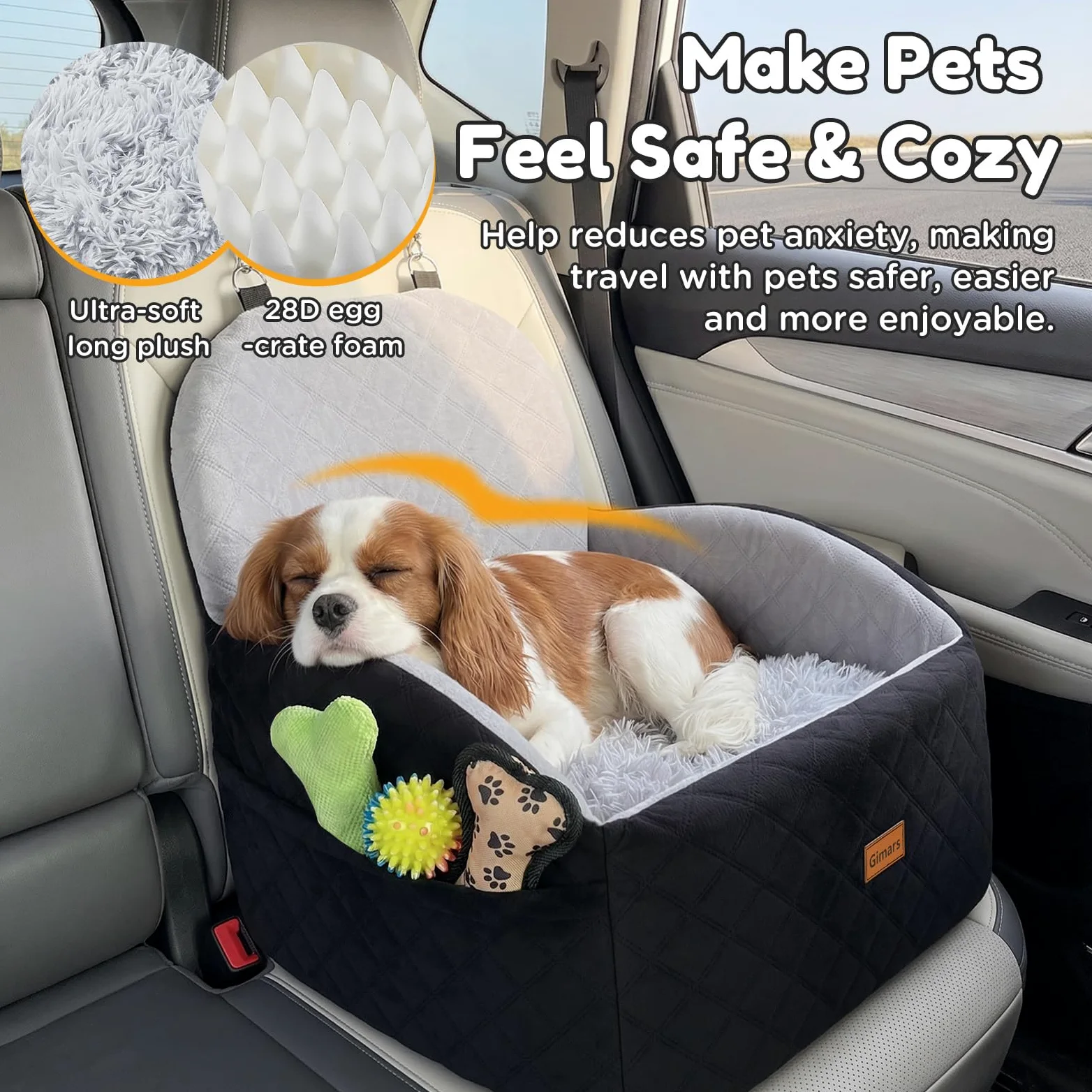 Gimars Reversibile Seggiolino Auto Per Cani conPeluche Lungo/Corto Cuscino sedile Per Cani Piccoli/Medi Fino A 16kg, Sfoderabile Lavabile Trasportino Per Cani Auto Con 15cm 28D Egg-Crate Schiuma, S