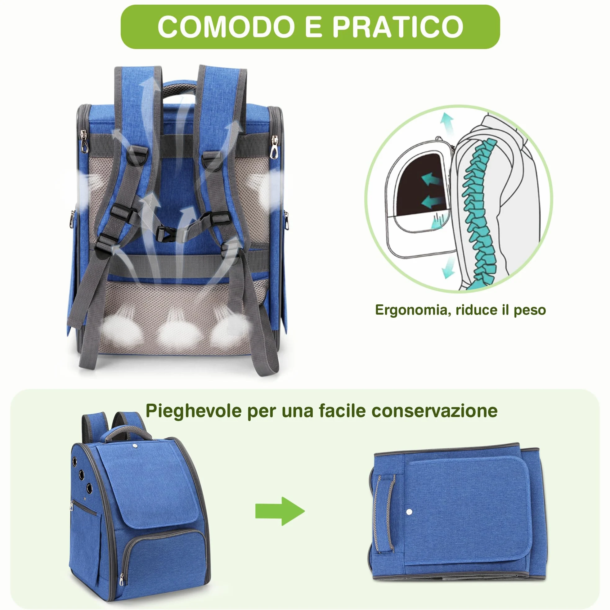 ALLSOPETS Zaino per Cani, Trasportino Gatto Zaino Pieghevole e Traspirante per Cani e Gatti con Tendine Parasole Ideale per Viaggi Escursioni e Campeggio (Blu Reale)