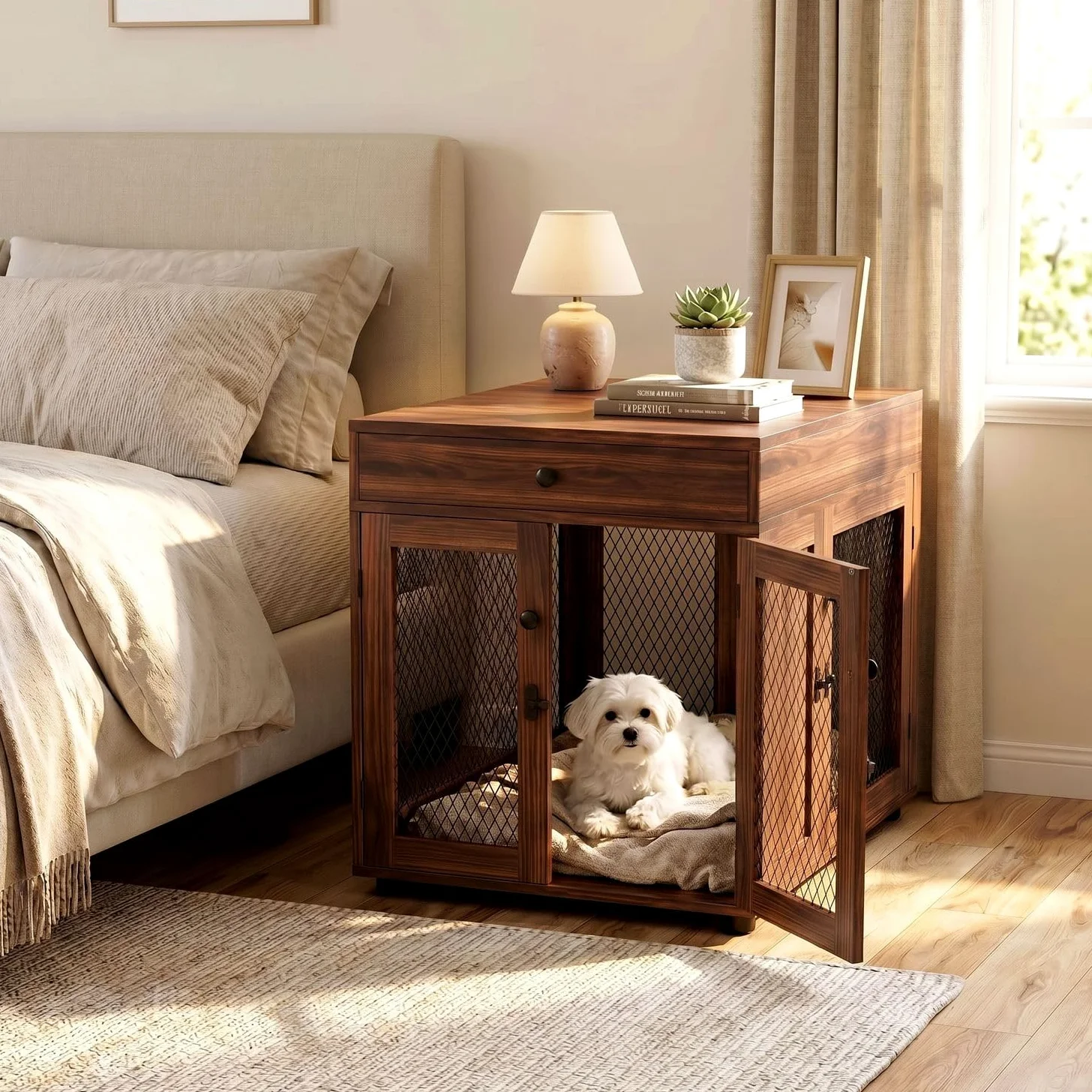VOWNER Mobili per Cuccia per Cani, Gabbia in Legno a 3 Ante con Cassetto, Cuccia Moderna con Tavolino, 60 x 80 x 69 cm, per Cani di Piccola/Media Fno a 30 kg, Marrone Noce