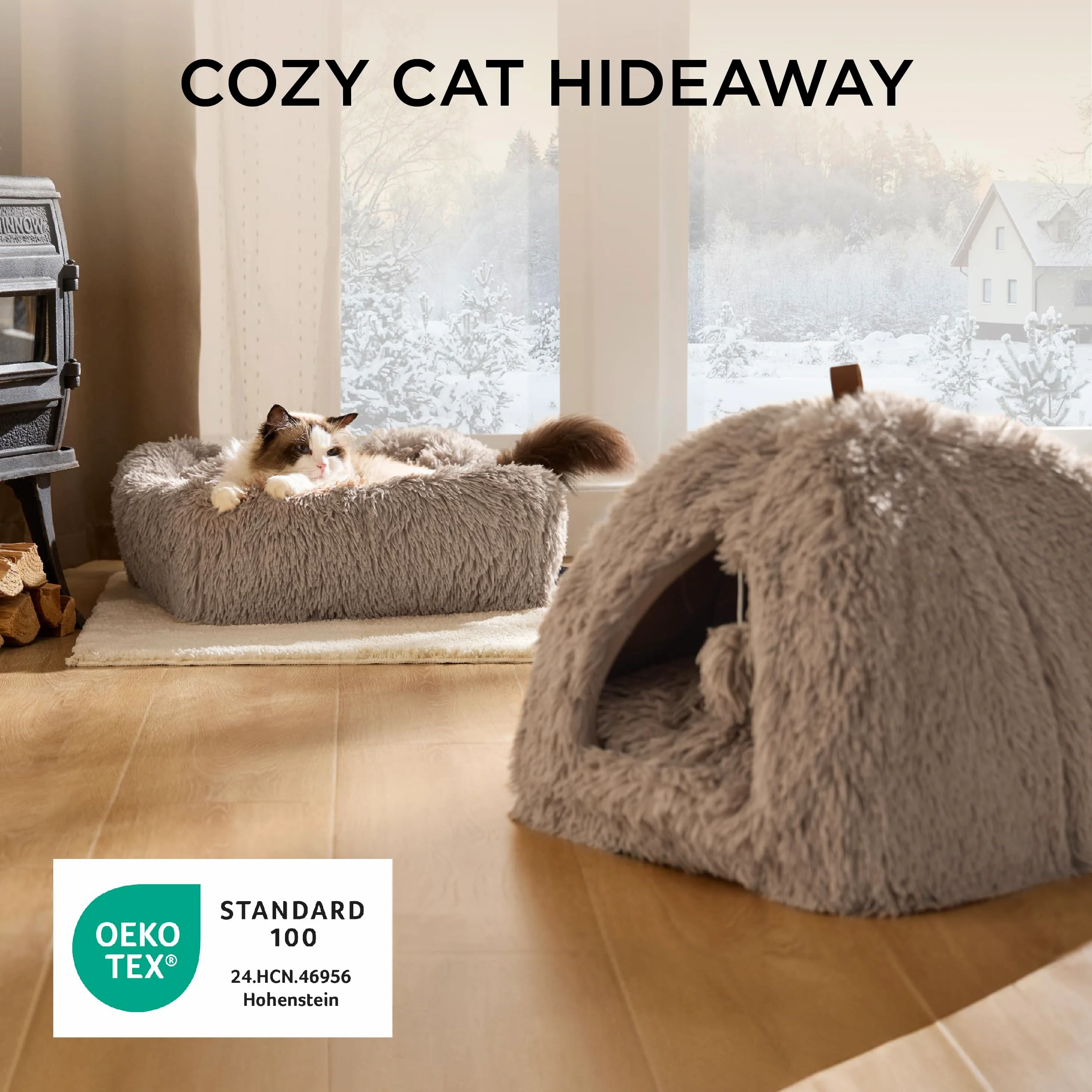 Bedsure Cuccia per gatti grande - 44x44x44 cm Casetta per gatti in peluche per interni con cuscino rimovibile e giocattolo appeso, lettino per gatti lavabile, cammello