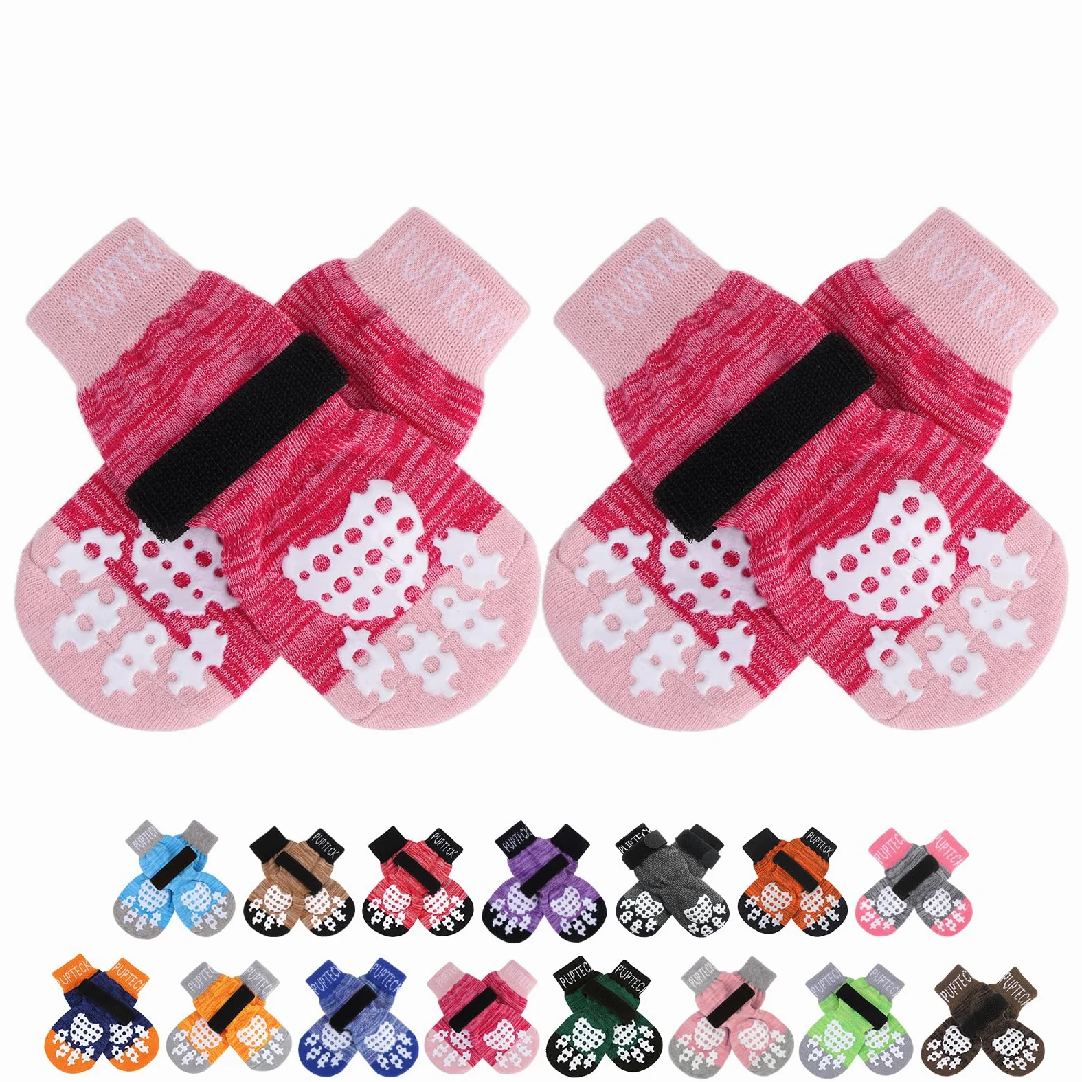 PUPTECK Calzini Antiscivolo per Cani 4 Pezzi, Scarpe per Cani con Cinghie Regolabili Cotone per Anziani Cani Grandi e Piccoli Doppi Lati Aderenti Controllo