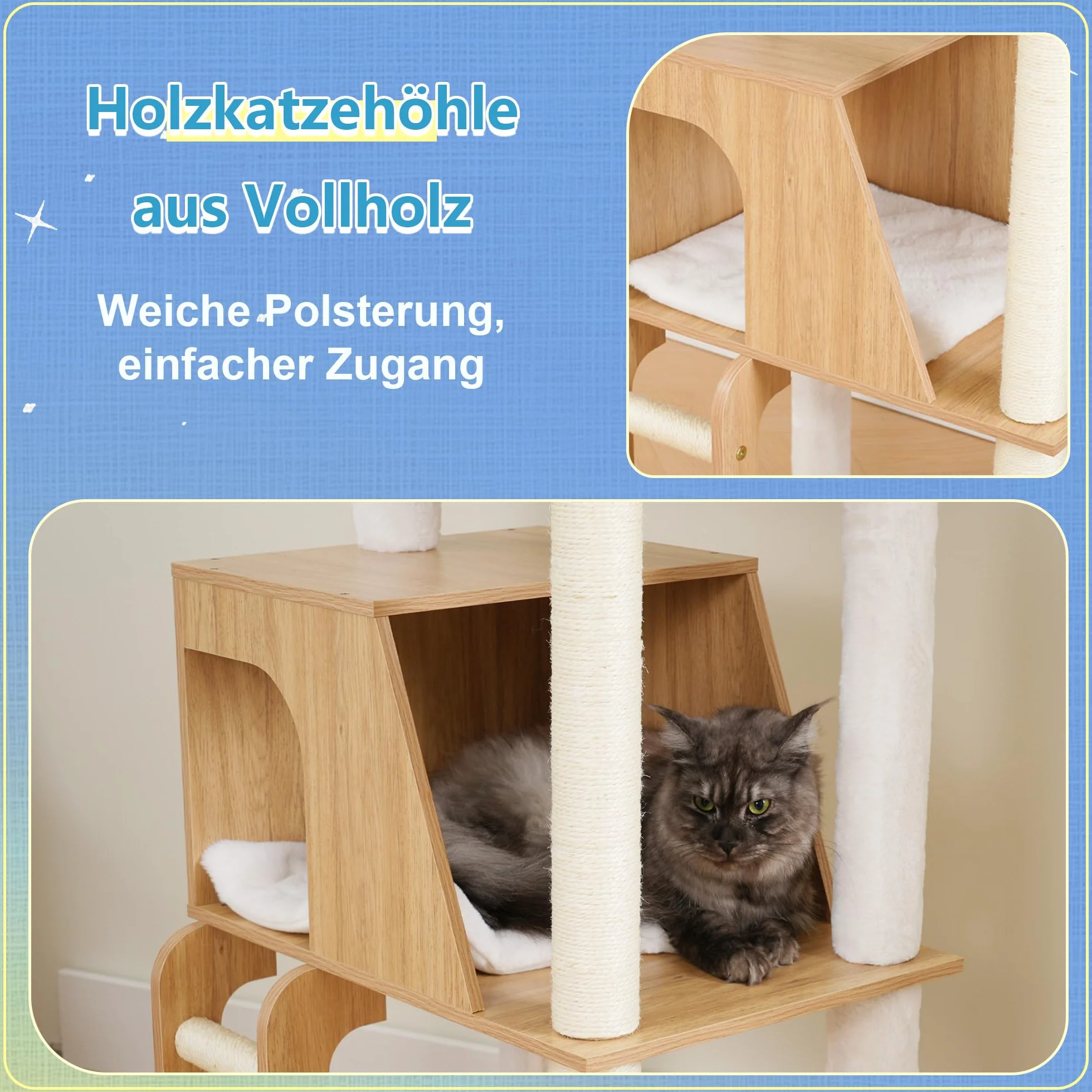 Hey-brother Albero per Gatti in Legno Moderno, Tiragraffi per Gatti 184 cm, Multinivello Stabile con Piattaforme Grandi, Amaca, Nido Spazioso, Pettine per Mantello e Scala, Bianco Rovere MPJ121BT