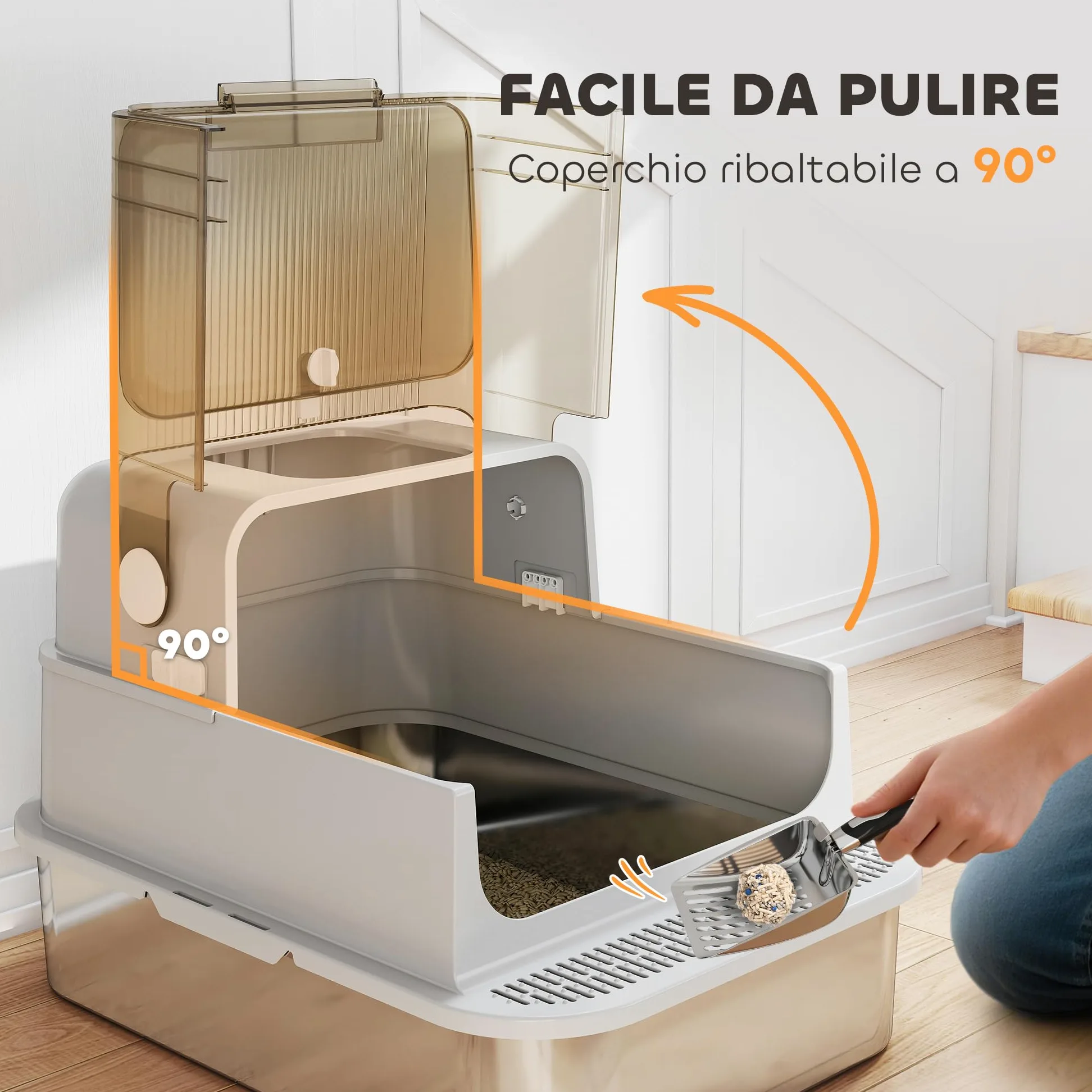 PawHut Lettiera per Gatti XXL con Coperchio in Acciaio Inox, Lettiera Chiusa con Coperchio Apribile a 90°, Doppie Porte, Paletta e Deodorante, Capacità 20 kg, 70x50x46.5 cm, Grigio