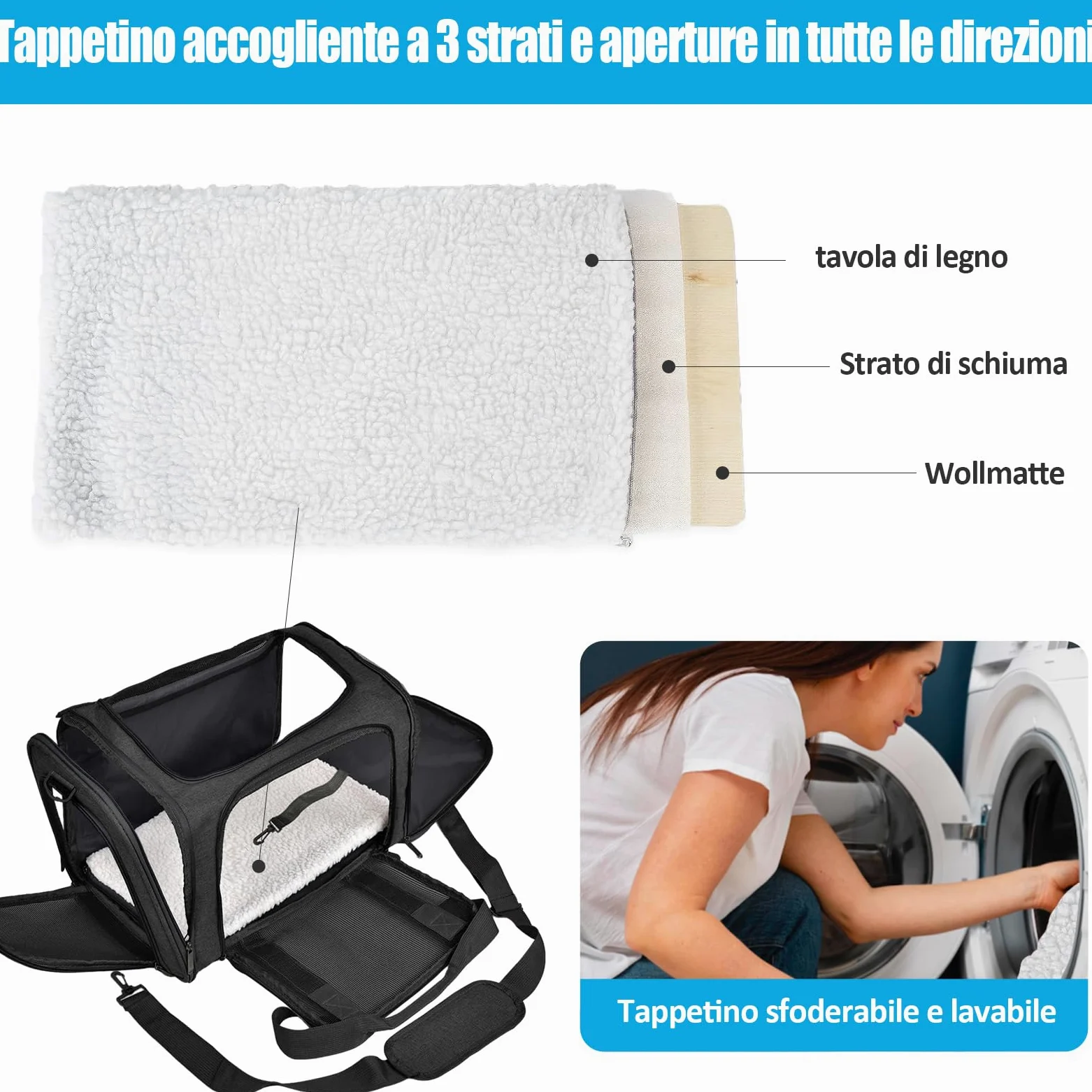 Trasportino per Cani e Gatti, Gabbietta per Animali Domestici, Tappetino Lavabile Rimovibile, con Tracolla per il Trasporto, Borsa Ripiegabile Viaggio Sull' Aereo (Nero)L 43 x B 28 x H 28 cm