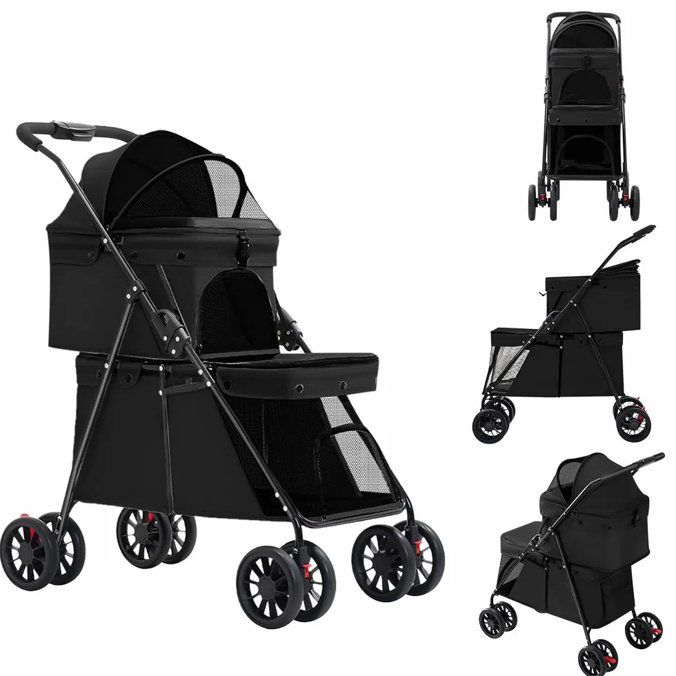 Passeggino a doppio strato, per cani, gatti, animali, viaggi, passeggino, pieghevole, cane, gatto, a quattro ruote, carrello, carrozzina, passeggino, passeggino, Buggy-67 x 50 x 95 cm, nero