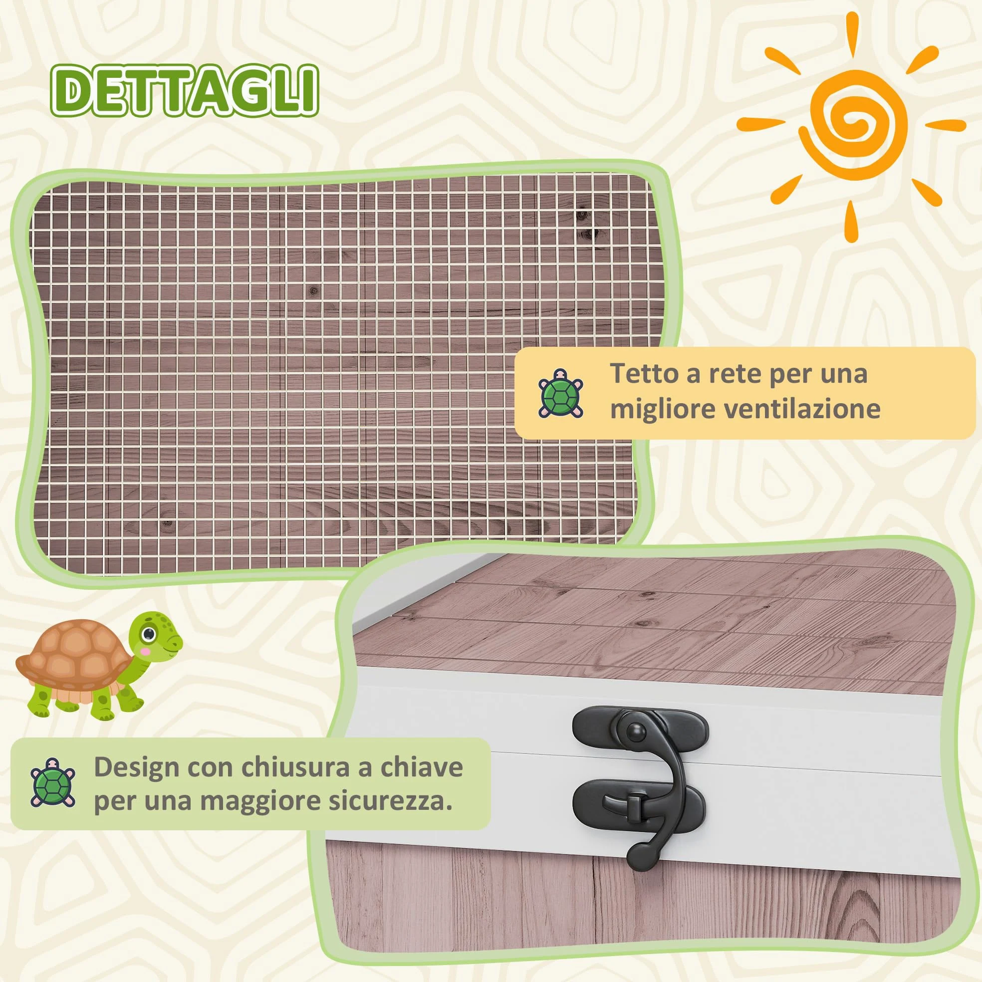 PawHut Casa per Tartarughe di Terra con Pannello Apribile e 2 Spazi Separati, Terrario Tartarughe di Terra in Legno di Abete e Acciaio Zincato, 91x60.5x32 cm, Marrone Chiaro
