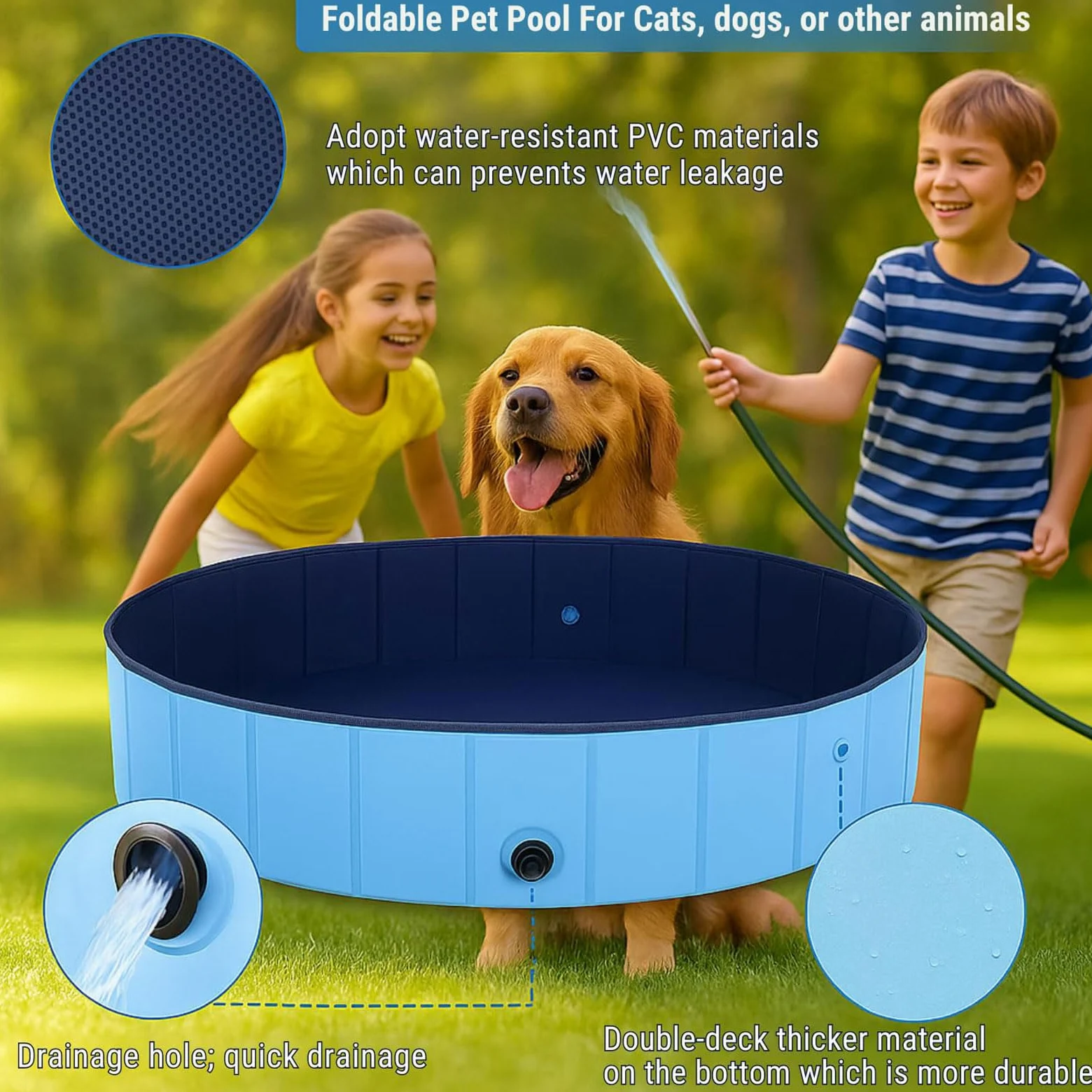 Piscina per Cani Piscina Pieghevole Non Gonfiabile in PVC Vasca Portatile Interattiva con Scarico Grande Vasca Rigida e Rotonda per Cani Gatti Cuccioli Animali 160 * 30CM