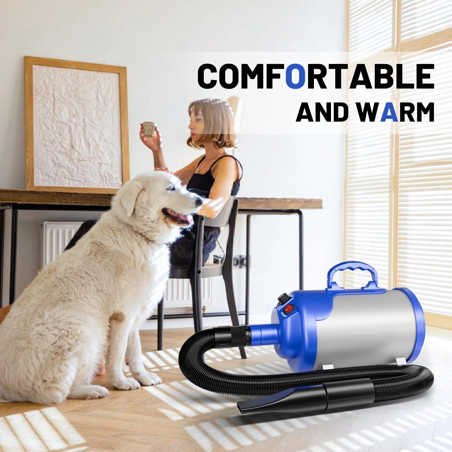 Soffiatore per Cani Blower Molto Silenzioso, 5,2 CV/3800 W, Velocità Regolabile, Ventilatore per la Cura Del Cane con 4 Diversi Ugelli, Tubo Elastico