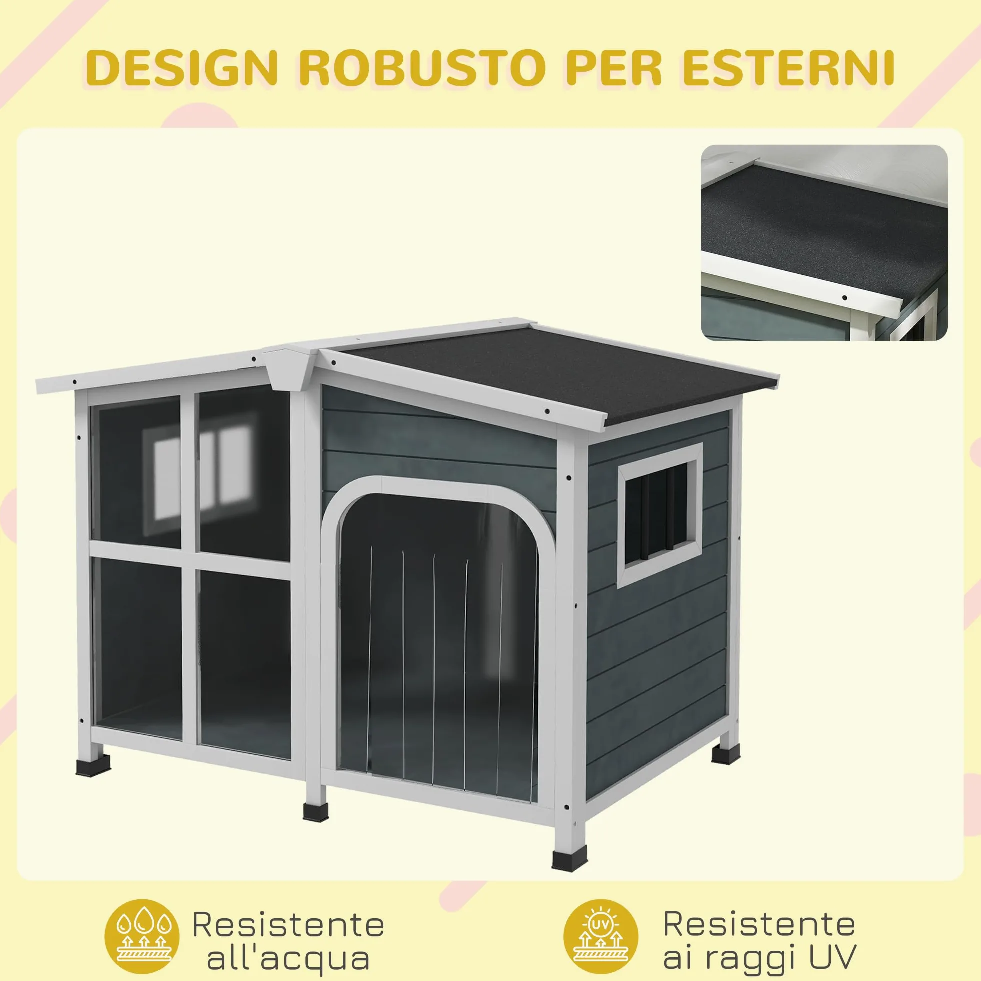 PawHut Cuccia per Cani da Esterno in Legno, Casetta per Cani con Tenda Protettiva, Finestra e Tetto Apribile, Cani Taglia Media max. 20 kg, 101x66.5x70.5cm, Grigio Scuro