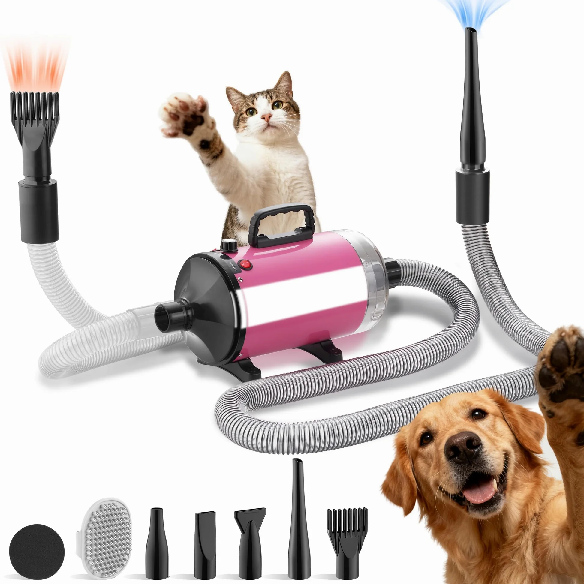 DEWINNER Asciugacapelli per cane Blower 3800 W, Pulsore per cani con aspirapolvere, velocità e temperatura regolabili, 5 ugelli, tubo elastico e spazzola di manutenzione