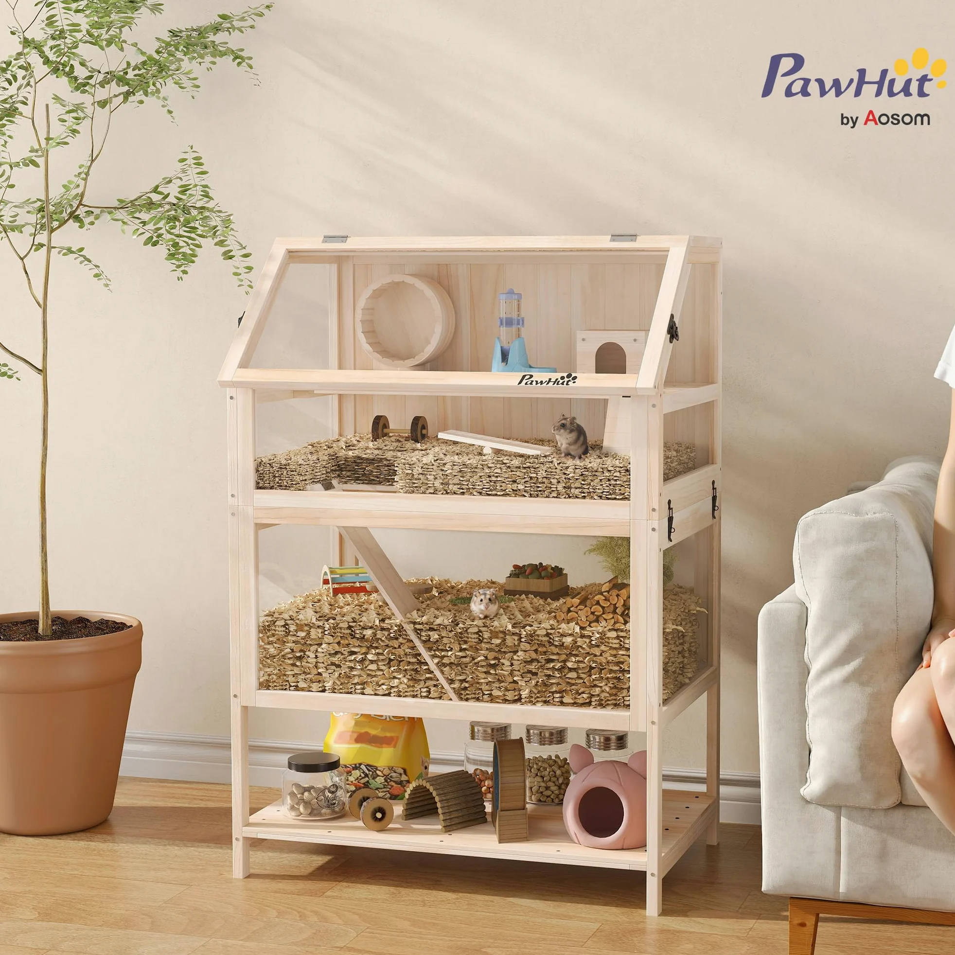 PawHut Gabbia per criceto in legno XXL – Habitat per roditori a 3 piani con pannello acrilico e ruota – Casa piccolo animale di lusso con accessori e ripiano di stoccaggio, 80 x 53 x 117 cm, effetto