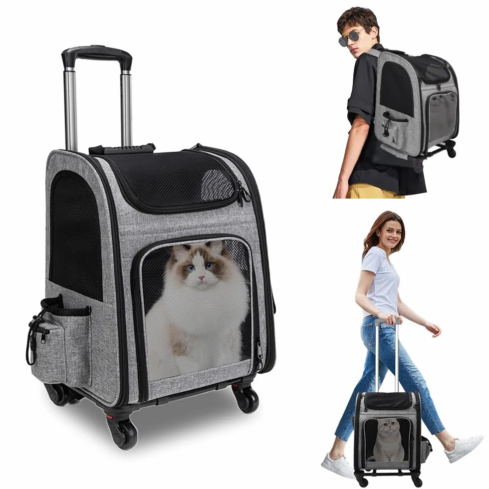 Trasportino Gatto con Ruote, Trasportino da Viaggio per Animali, Zaino Trolley per Cani Gatti con Tasche, Portatile Traspirante, per Cani Piccoli Gatti Medi Fino 15 KG per Viaggi Lunghi Corti