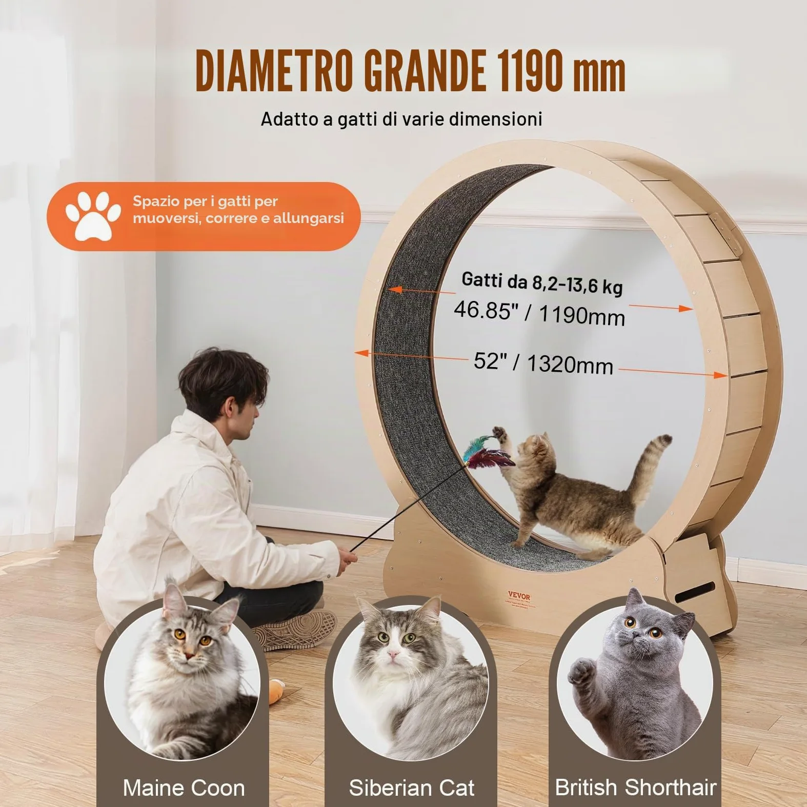 VEVOR Cyclette per gatto in Legno, Tapis Roulant Diametro 1320 mm, Ruota per Esercizi con Tappeto Rimovibile per gatto