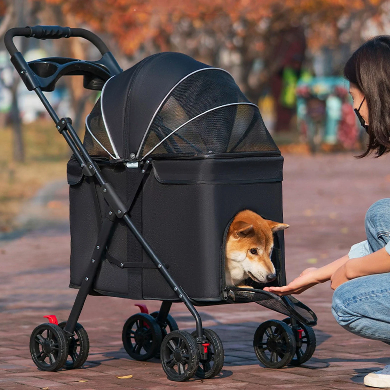 Yinhing Passeggino Pieghevole per Animali Domestici per Cani Gatti Trasportino da Viaggio a 4 Ruote con Parasole a 3 Vie Alimentazione con un Pieghevole e Freni Grigio (BLACK)