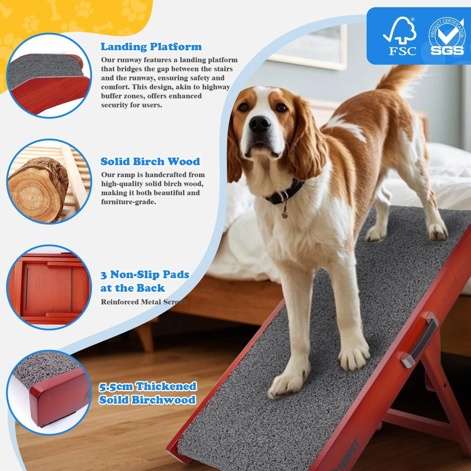 Rampa per cani – regolabile 34 – 61,5 cm, protezione dal risciacquo, in legno di betulla, pieghevole, per letto, divano, auto, rampa per animali domestici, scale per cani di piccola taglia (XL)