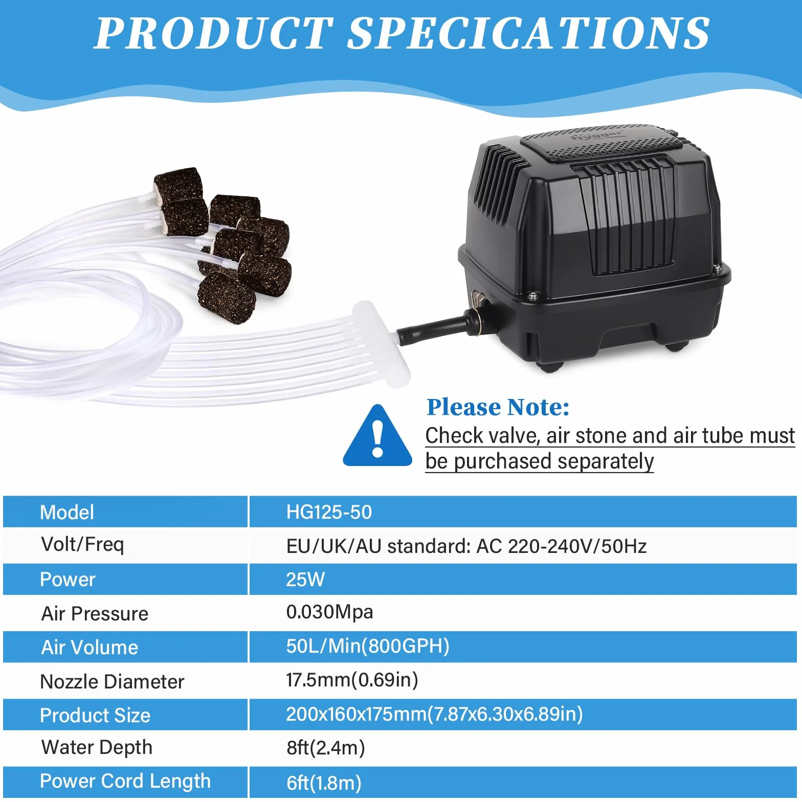 hygger Ossigenatore Pesca Vivo,25W Potente Ossigenatore per Pesci di Laghetto,Silenzioso Pompa ad Aria Laghetto Esterno con Conversione Connettore,Air Pump For Fishing Yacht,Fish Farm and Hydroponic