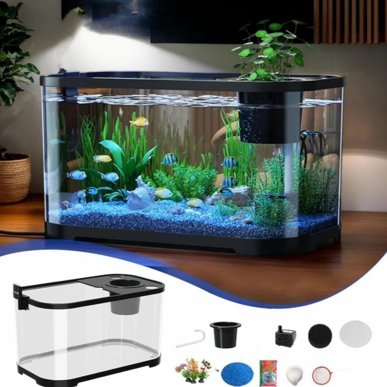 Kit Acquario Piccolo Acquario per Pesci Betta e Principianti, Vasca decorativa Silenziosa per Tartarughe e Animali Acquatici, Acquario da Scrivania Trasparente