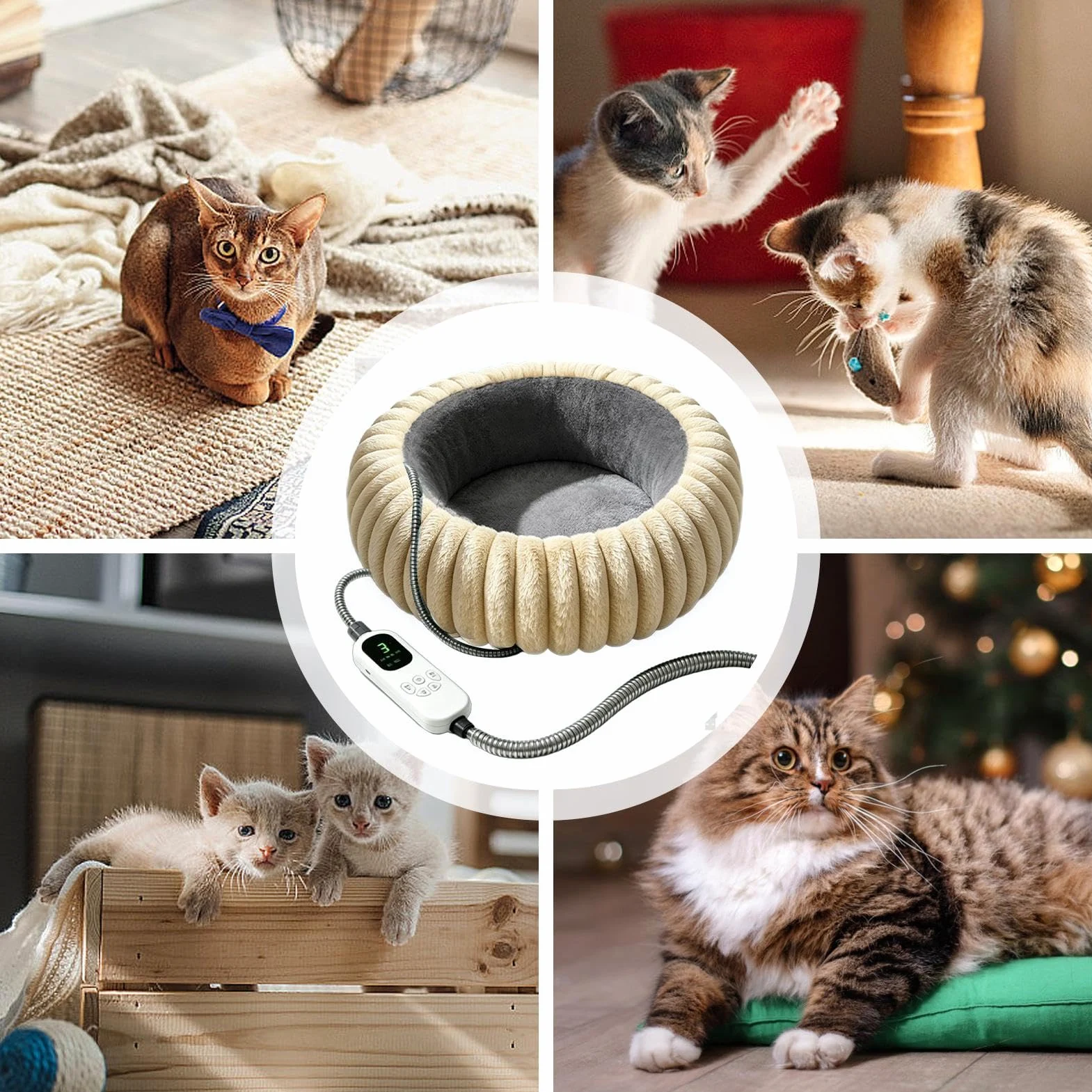 Cuscino riscaldante per gatti, 9 livelli, caldo, rotondo, in peluche, regolabile | Cuccia rotonda per gatti, per casa, interni ed esterni, soggiorno, camera da letto, ufficio, pavimento, mobili, viaggi,
