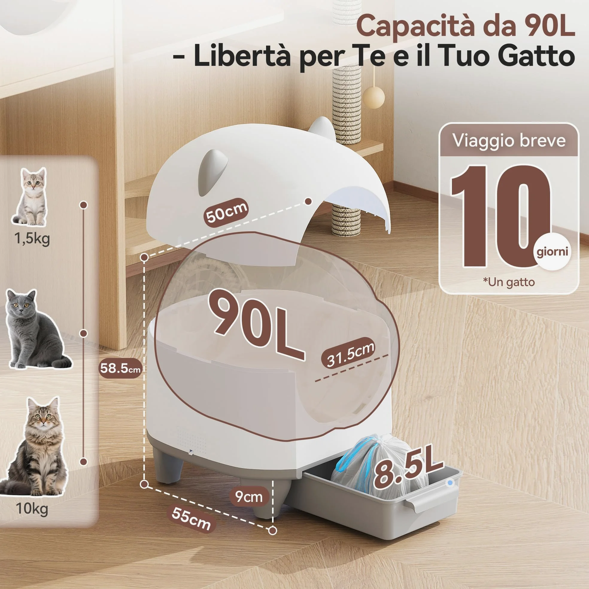 Devoko lettiera gatto autopulente,Design con orecchie da gatto,toilette per gatti XXL,Controllo remoto, ampio spazio, Sicurezza,Anti-odore,90L lettiera automatica per felini,Elettrica per più gatti.
