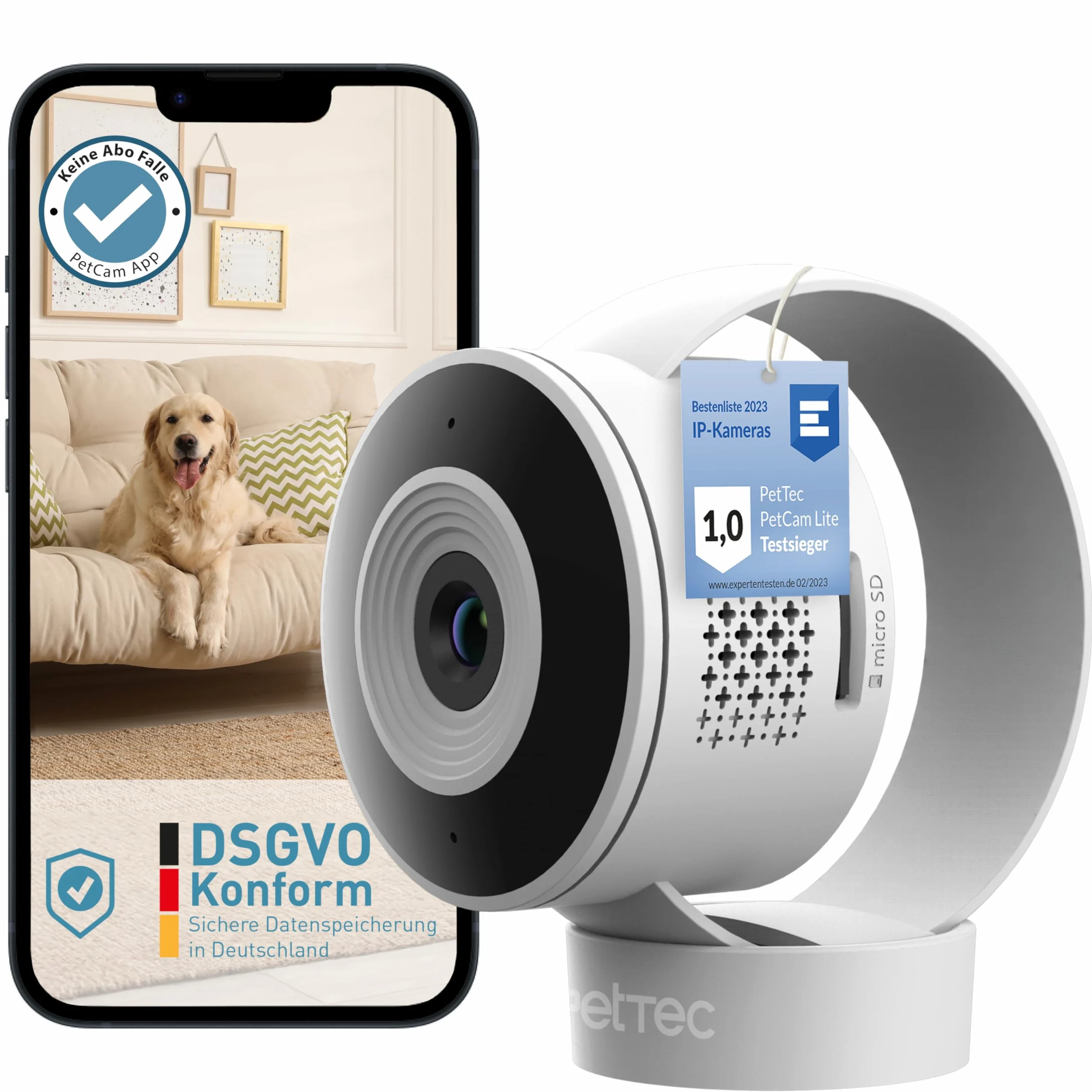 Set di 2 telecamere PetTec Cam Lite | Telecamera di sorveglianza per animali domestici con app, rilevatore di movimento e trasmissione su cellulare | Fotocamera WiFi | Telecamera WLAN per interni con
