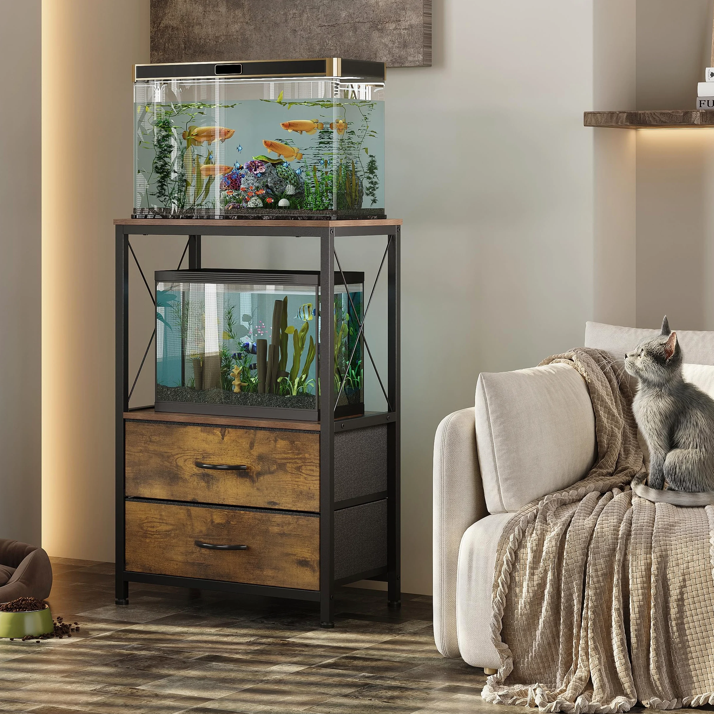 Supporto per acquario, 38 l, con 2 cassetti, per acquario, per 40 l, per pesci e tartarughe e rettili, 2 piani, colore marrone rustico