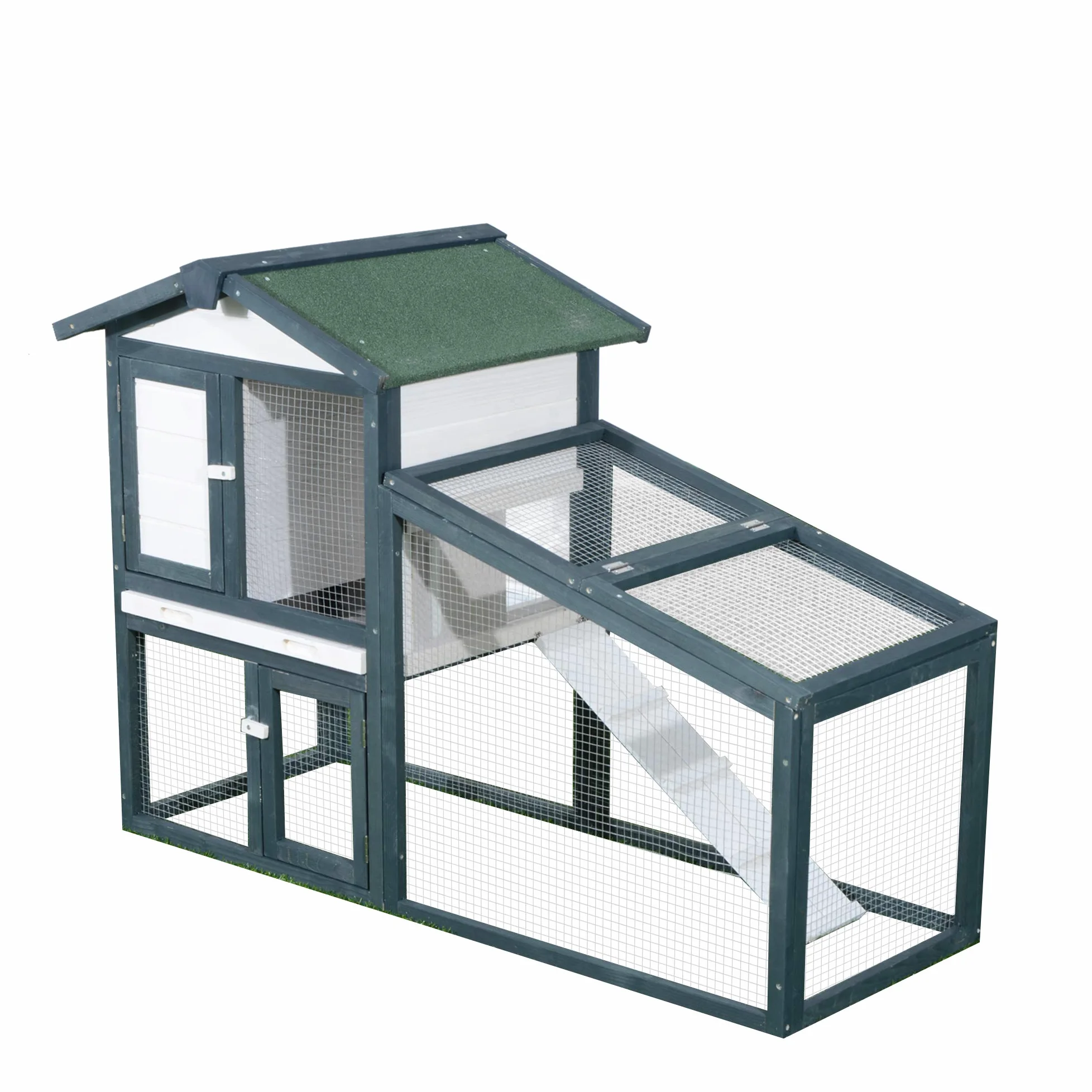 PawHut Gabbia per Conigli Animali in Lengo di Abete Doppia Porta 140 x 65 x 100cm Verde e Bianco