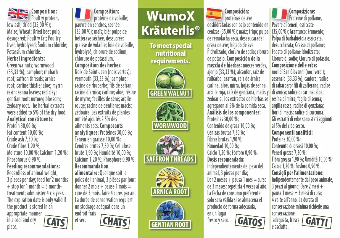 WumoX Herblis per gatti | Tratta con estratti di erbe | nutrizione naturale per rafforzare l'ambiente intestinale | con vero vermouth | alternativa naturale