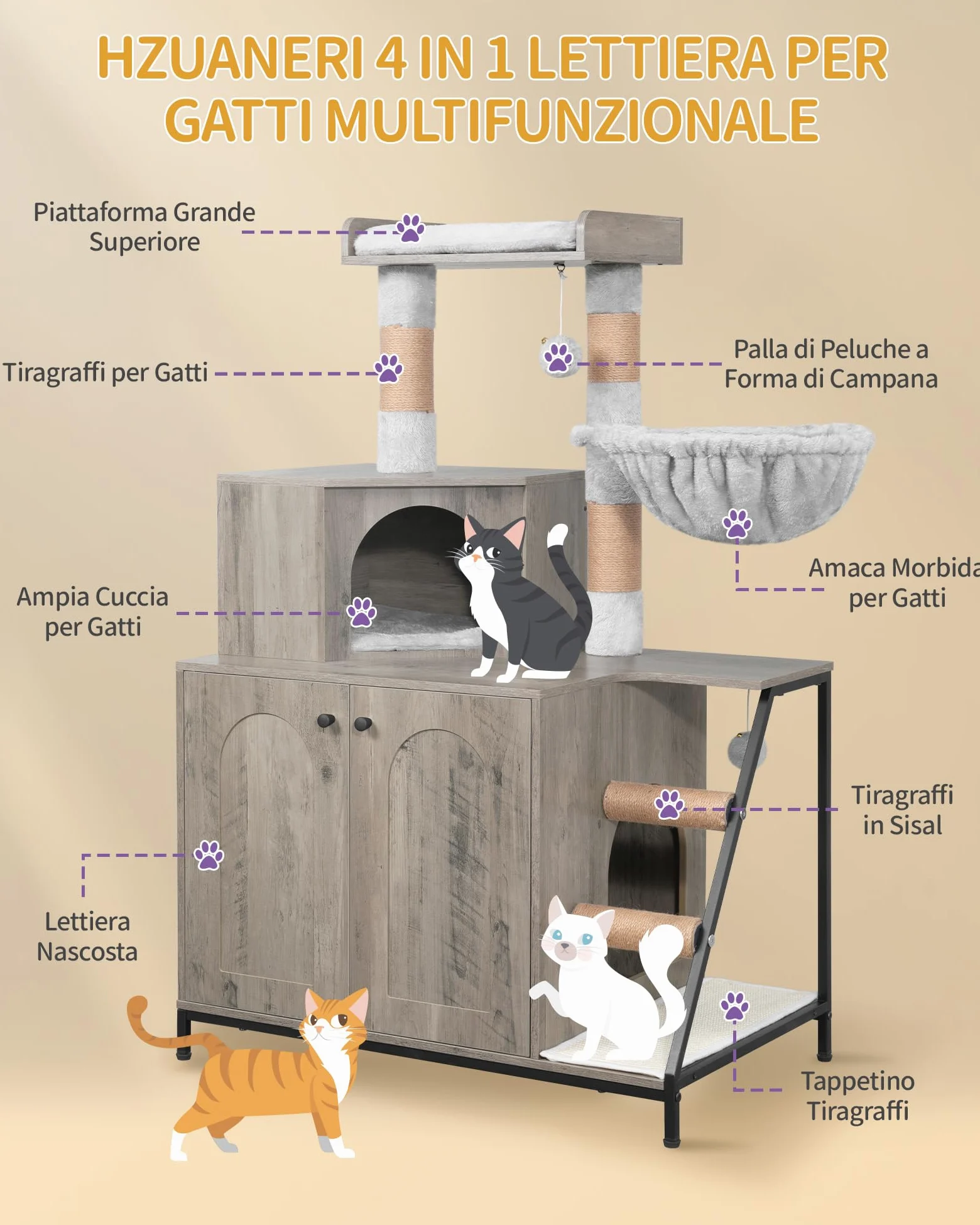 Hzuaneri Mobile Lettiera per Gatti, Cuccia per Gatti 4 in 1 Con Grande Piattaforma, Cuccia per Gatto Con Tappetino Antigraffio in Sisal, Pali, Scale E Pompon, Cuscini Lavabili, Grigio CB81005B