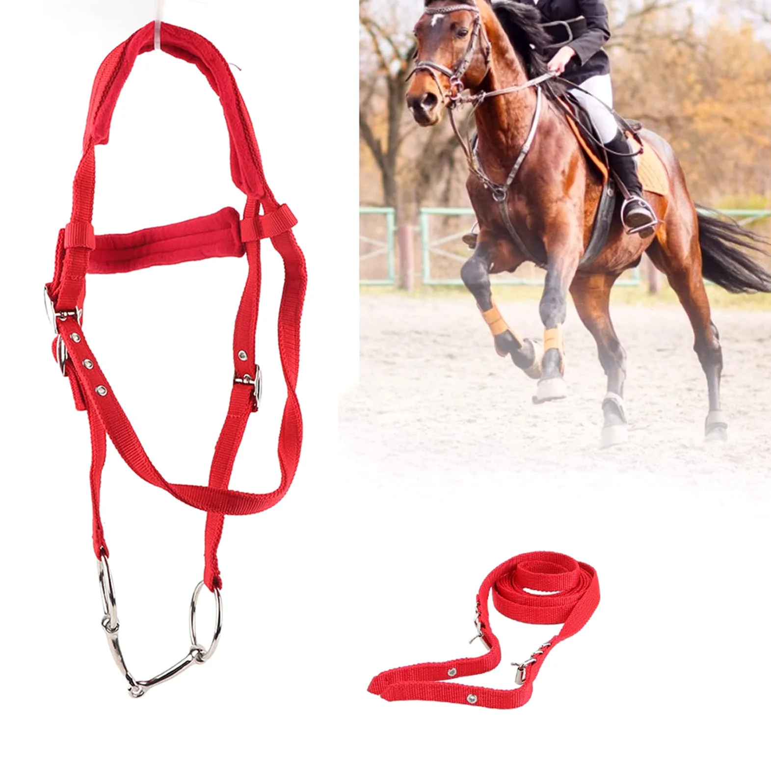 flexman Briglia Cavallo Rossa, Briglia per Cavallo Regolabile a Doppio Piano, Testiera per Finimenti con Cuscino Morbido, Morso e Rein per Corse di Cavalli, Spettacoli di Cavalli